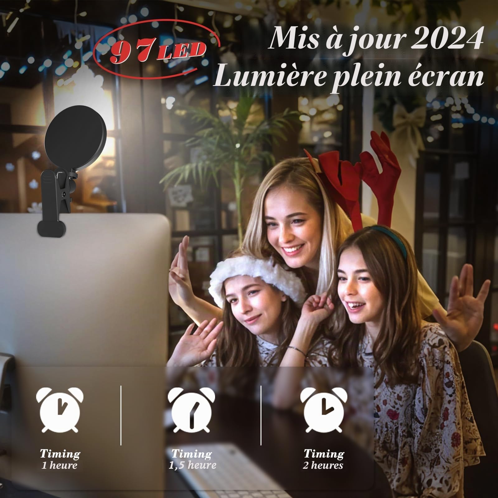 Mojimdo 97LED Lampe de vidéoconférence, 3 couleurs et 5 luminosités Lampe de clip vidéo sur moniteur, réglage de la lumière par minuterie Lampe de webcam pour les réunions- Adaptateur USB inclus