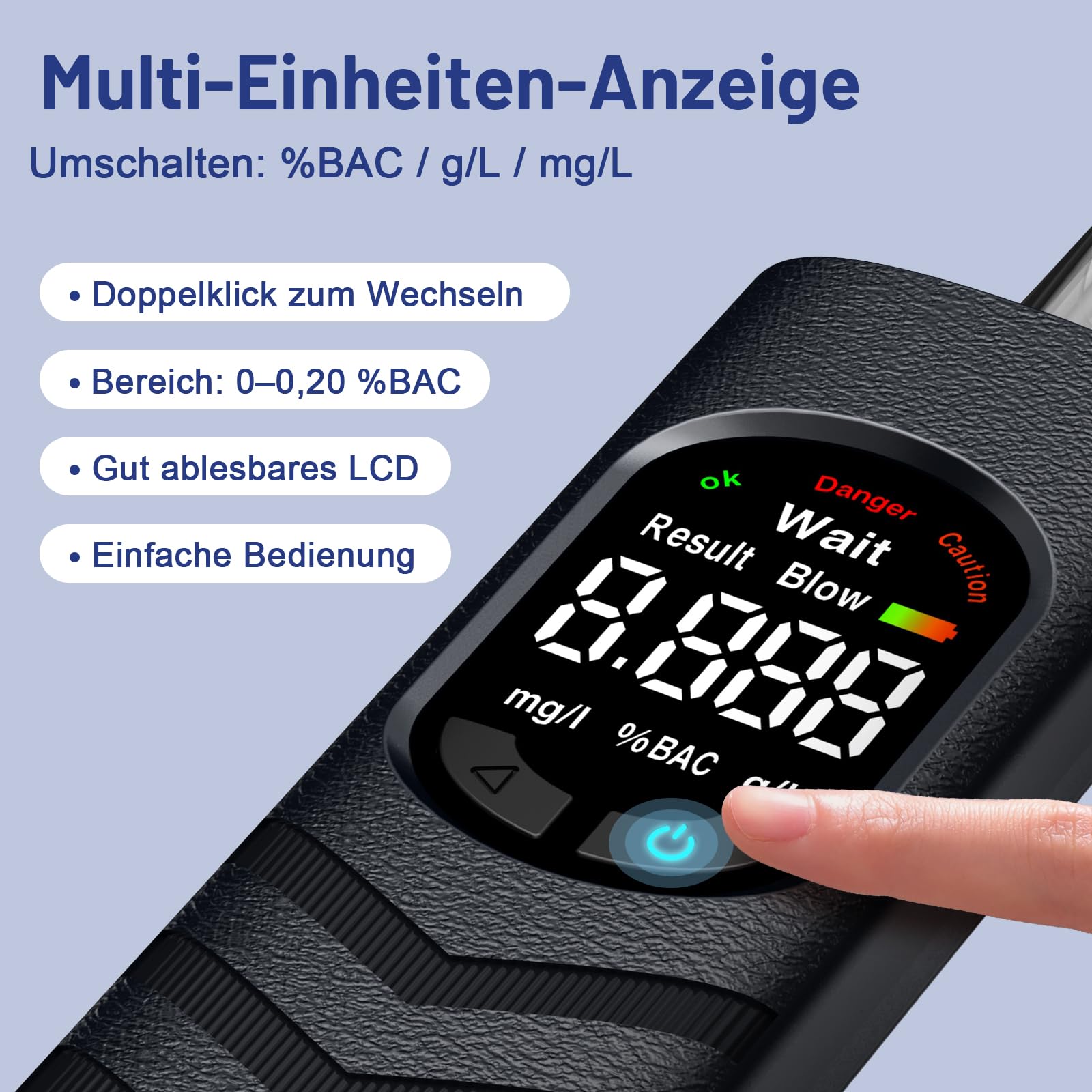 Alkoholtester Atemalkoholtester mit USB-C Akku, Farb-LCD, Halbleiter-Sensor, 20 Mundstücken, tragbares Promillemessgerät für Auto, Zuhause, Party und Reise (Schwarz)