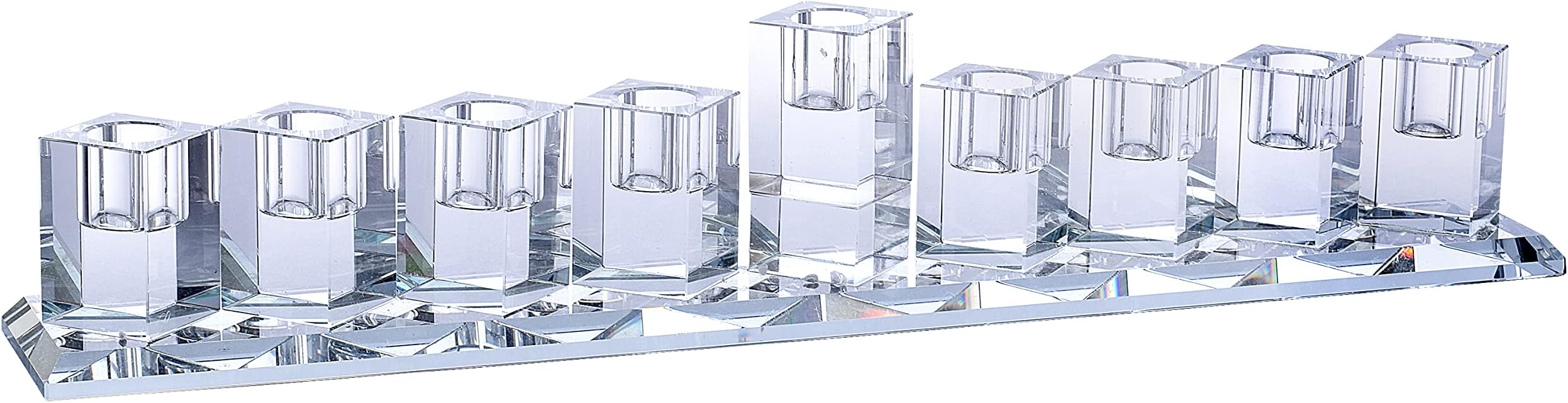 Ner Mitzvah Crystal Glass Hanukkah Menorah, Modern Style Oil and Candle Menorah for Chanukah, Fits Standard Chanukah Oil Cups and Large Candles, 15 inch Wide
