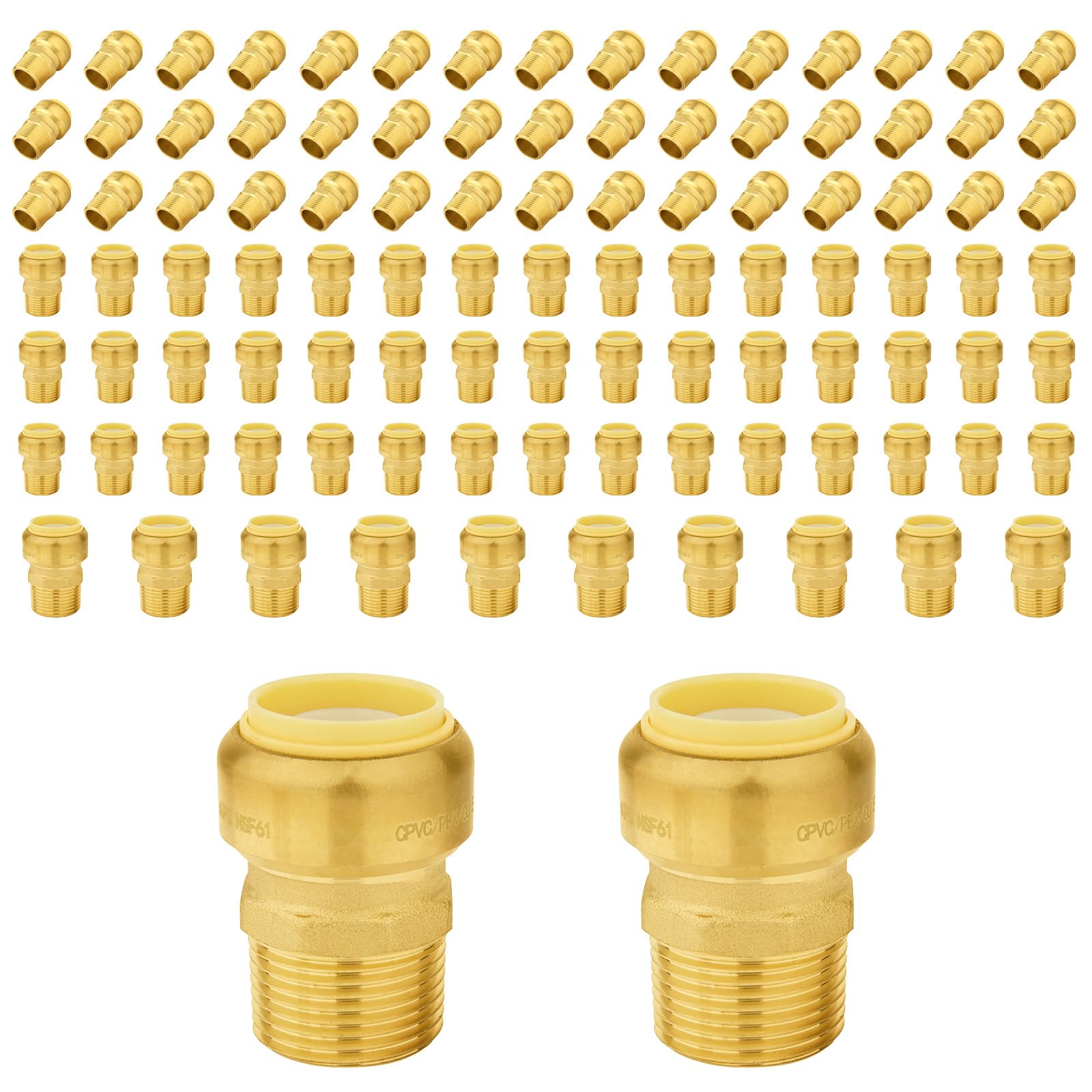 100 piezas de acoplamientos de latón Foskan de 1/2" de conexión rápida x 1/2" con rosca macho, accesorios de ajuste a presión para conectar tuberías PEX, cobre, C, PE-RT, con clip de desconexión par