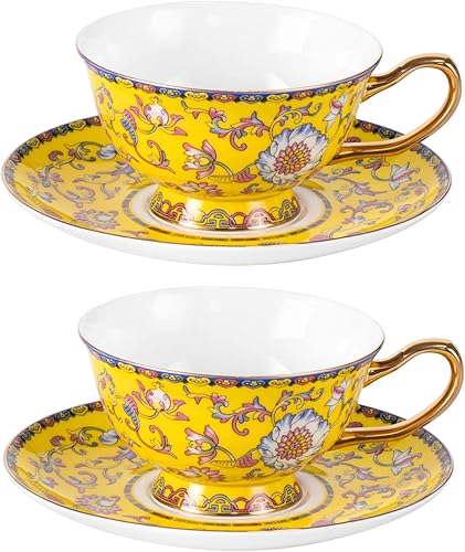 Miniatura 14 de KAMMAK Juego de 2 tazas de té y platillos, tazas de café de porcelana fina, tazas de café apilables de 8.5 onzas, Demitasse de cerámica para café,