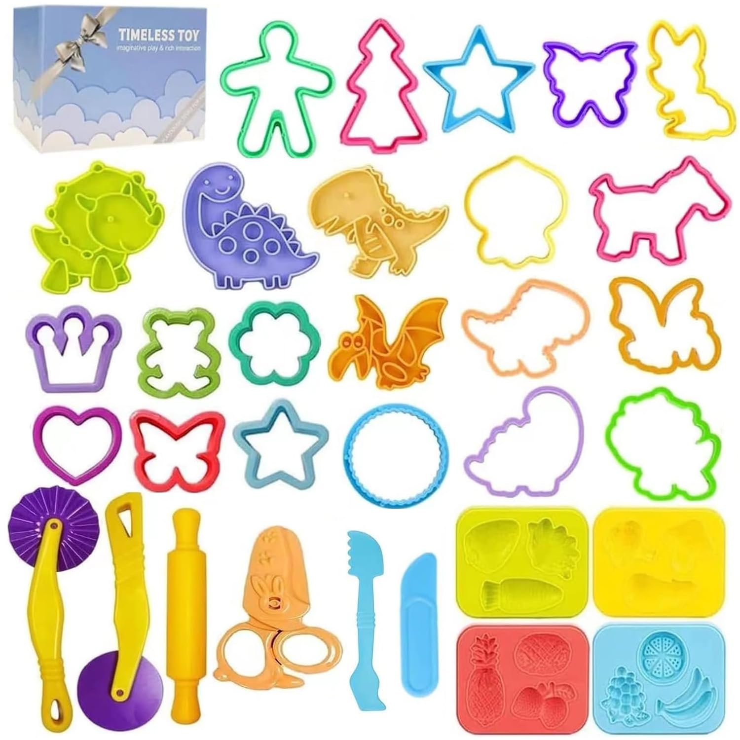 Dough Tools Play for Kids-Dough Accessories Molds Dinosaur Fruit Roller Cutter Scissor and Storage Box, Party Favors Set for Age 3+