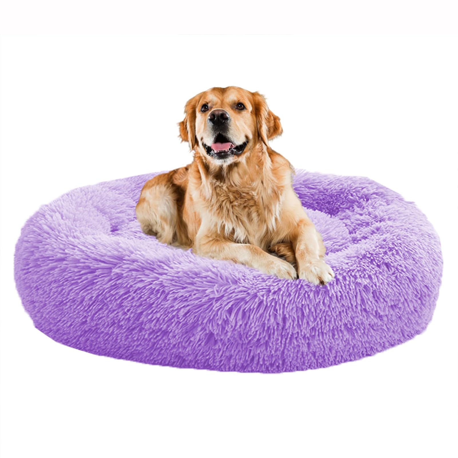 Calming Donut Dog Bed for Large Medium Dogs, XL Fluffy Anti Anxiety Dog Beds with Removable Washable Cover, Luxury Cozy Cuddler Round Long Plush Pet Bed with Anti-Slip Bottom ,Purple,80cm/31.5”