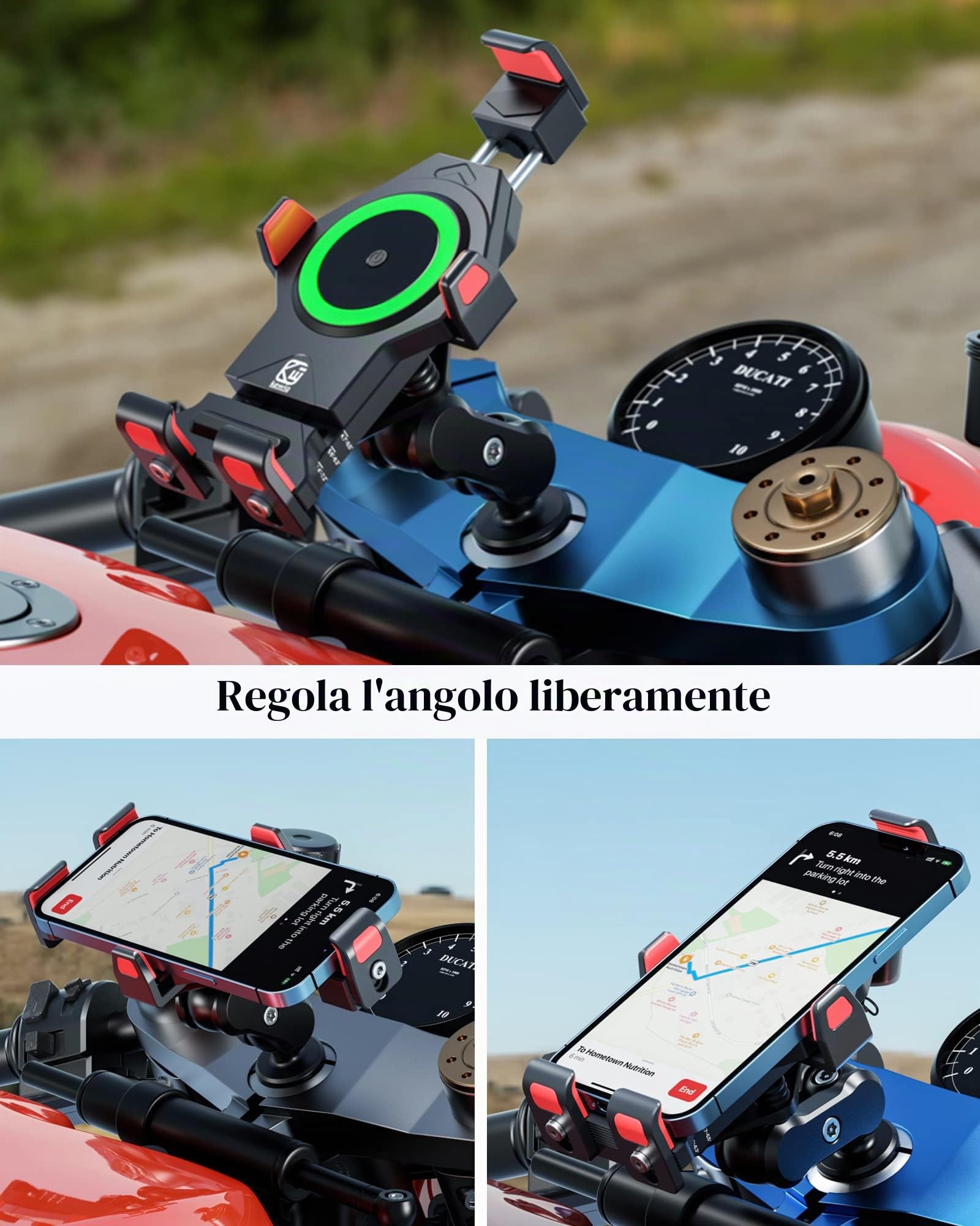 BRCOVAN Lega Alluminio Supporto Telefono per Stelo Forcella Motociclo con Caricabatterie wireless Qi 15W e Smorzatore Vibrazioni, Metallo Porta Telefono per Moto per 4.7''-7.2'' Smartphone