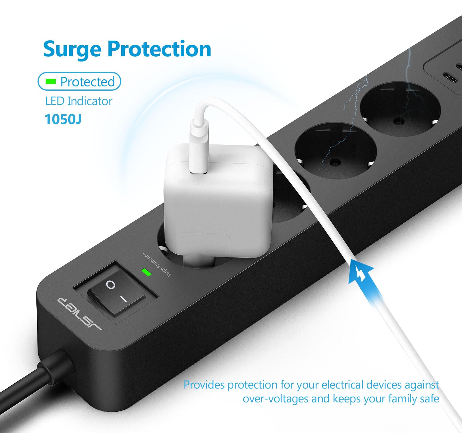 JSVER Multiprise Parasurtenseurs USB 4 Prises avec 2 Ports USB A+2 Ports USB C Chargeur (5V3,4A) Multiprises parafoudre et surtension avec Cable 2m pour Smartphone, Maison, Bureau-Noir