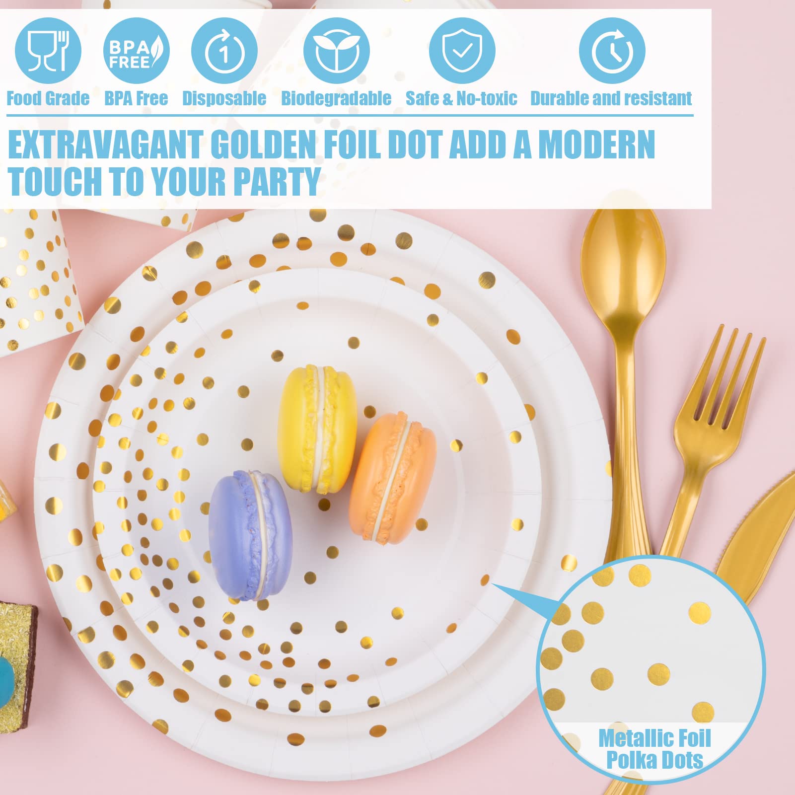 Partylamb White and Gold Party Supplies 350PCS Disposable Dinnerware Set, Paper Dinner/Dessert Plates Napkins Cups, Gold Plastic Forks Knives Spoons for Birthday Graduation Wedding(A6.White & Gold)