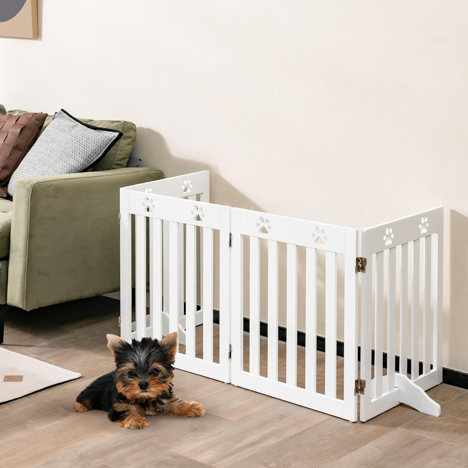 SOARS Cancelletto per Cani Pieghevoli 204 x 60 cm, Barriera per Cani in Legno a 4 Pannelli con Piedini Stabili, Recinzione per Scale, Ingressi e Corridoi (Bianco)