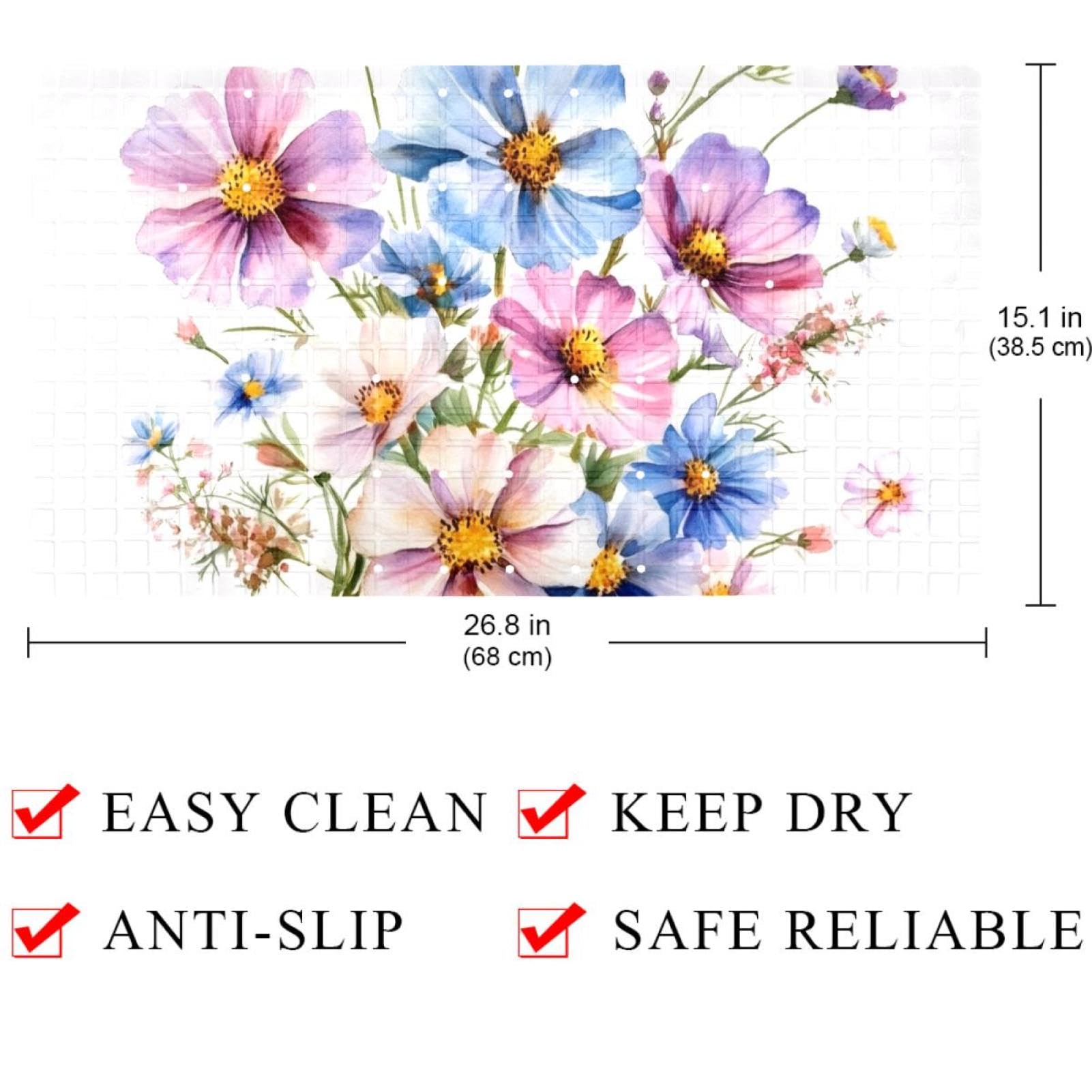 Badematte für die Badewanne, Motiv: Aquarellstrauß mit bunten Wildblumen, rutschfest, rechteckig, Duschmatte mit Saugnäpfen, maschinenwaschbar, Badezimmermatte, 39,9 x 70,9 cm