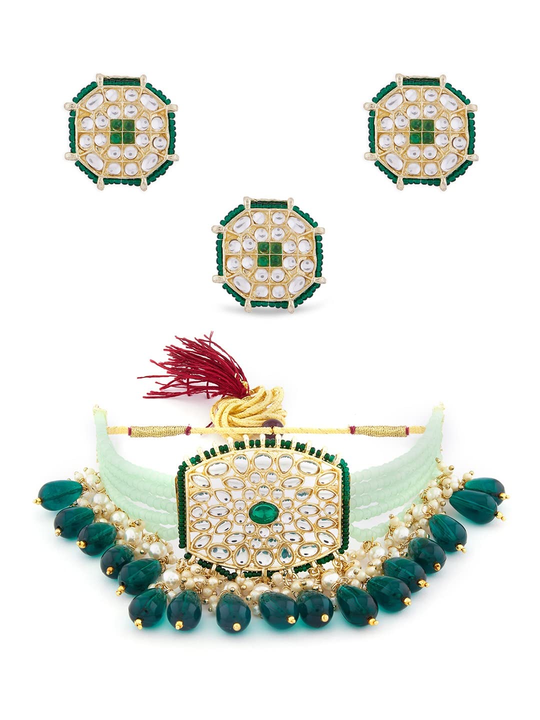 ZAVERI PEARLS Green Crystals Beaded Multistrand Kundan Choker Necklace Earring & Ring Set For Women-ZPFK13801 (B0B1JGY3K2) Amazon Price History, Amazon Price Tracker
