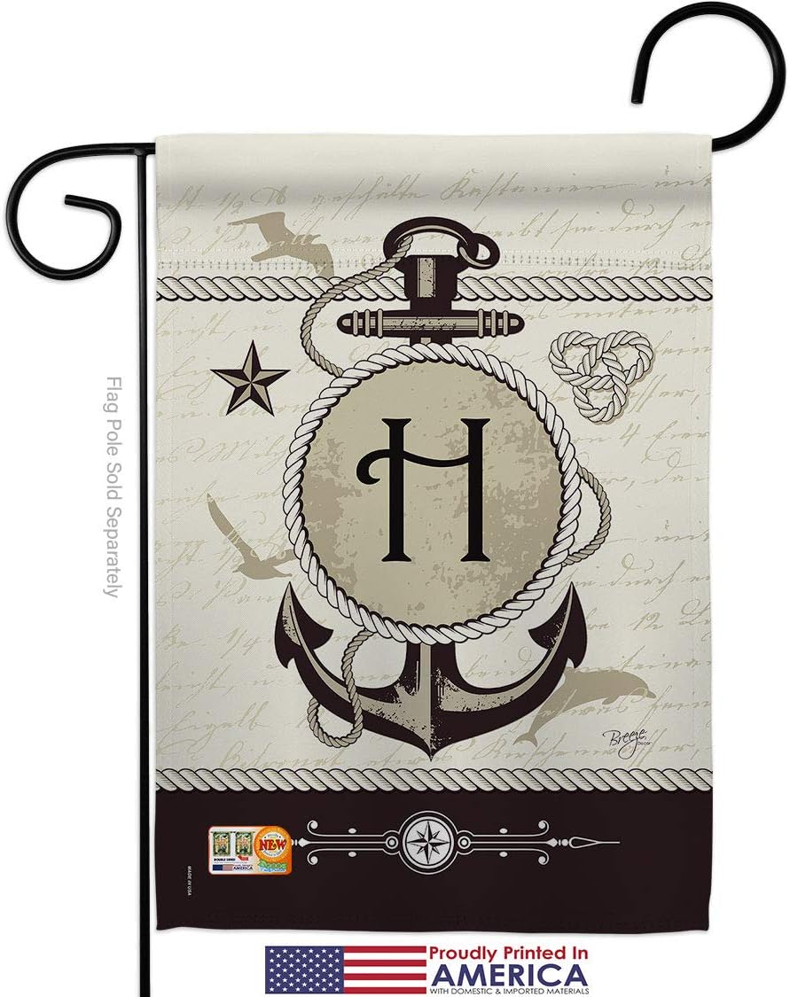Nautical H Initial Garden House Flags Kit Monogram Coastal Anchor Sailor Sea Shells Outdoor Summer Ocean Small Decorative Gift Yard Banner Made In USA 28 X 40