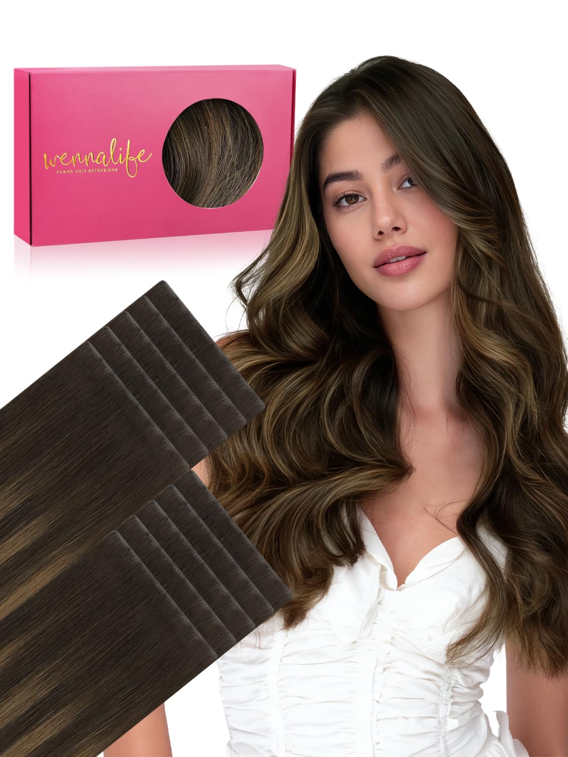 WENNALIFE Invisi Edge 8cm Tape in Hair Extensions Human Hair, 20 Inch 50g 10pcs, Balayage Dark Brown Mixed Chestnut Brown Invisible Remy Tape Ins Straight Reusable Extensiones De Cabello Humano