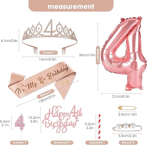 Miniatura 3 de Decoraciones de 4 cumpleaños para niñas, incluyendo banda de cumpleaños de 4, tiara de corona de diamantes de imitación de oro rosa, decoración de