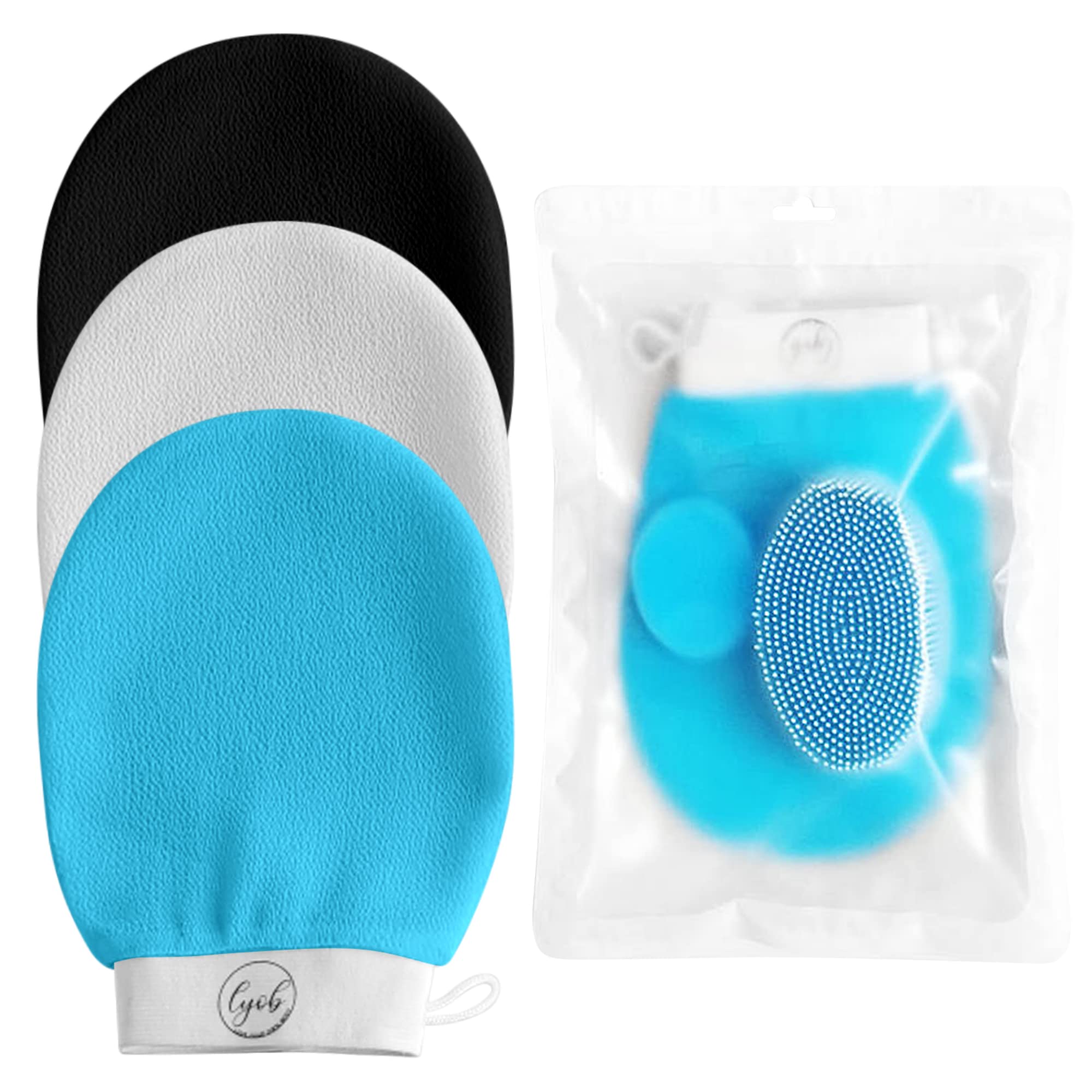 Paquete exfoliante para el cuidado de la piel de 3 en uno: LYOB-Silicone cepillo para el cuerpo y la cara y 3 guantes de fibra de viscosa (azul)