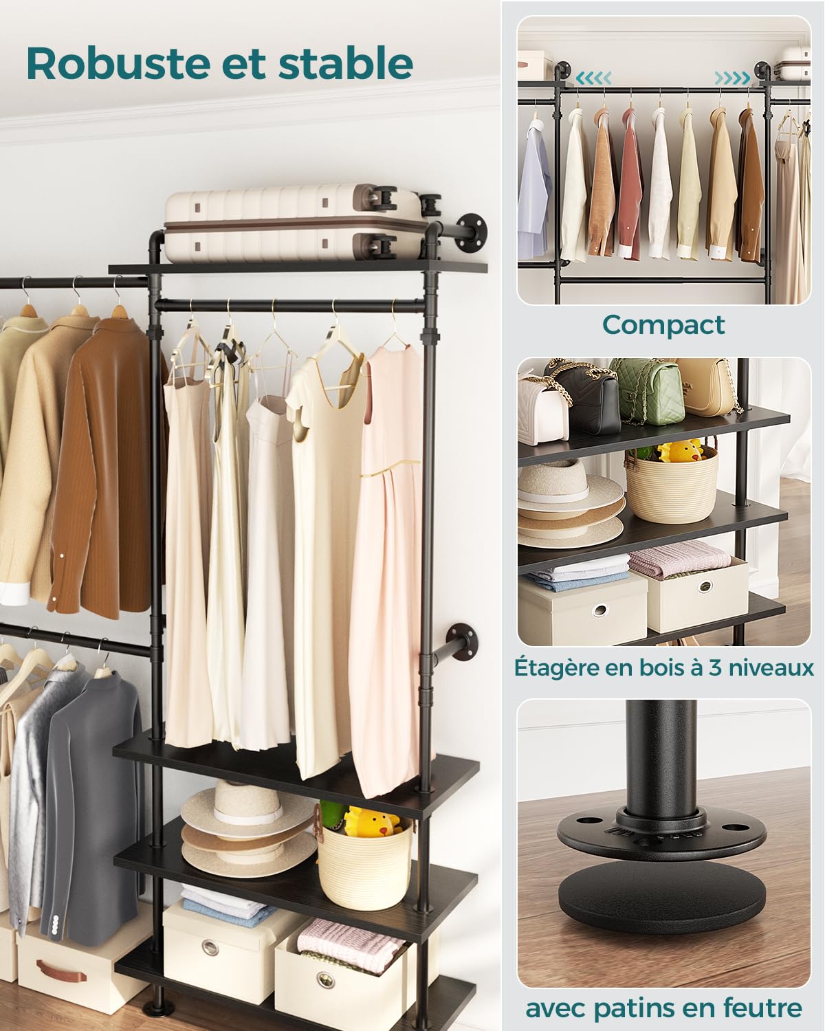 Kit de système de rangement mural industriel pour vêtements, montage mural, système d'armoire ouverte, barre télescopique avec étagères en bois, résistante en métal pour dressing, couleur noir