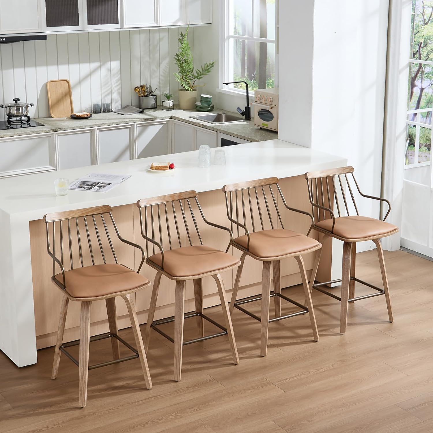 26 Inch Counter Height Bar Stool, Swivel Counter Stools with Curved Arm and Footrest, Upholstered Wood Barstool with Metal Fence-Like Back for Kitchen Island Home Bar Pud(Brown Pu)