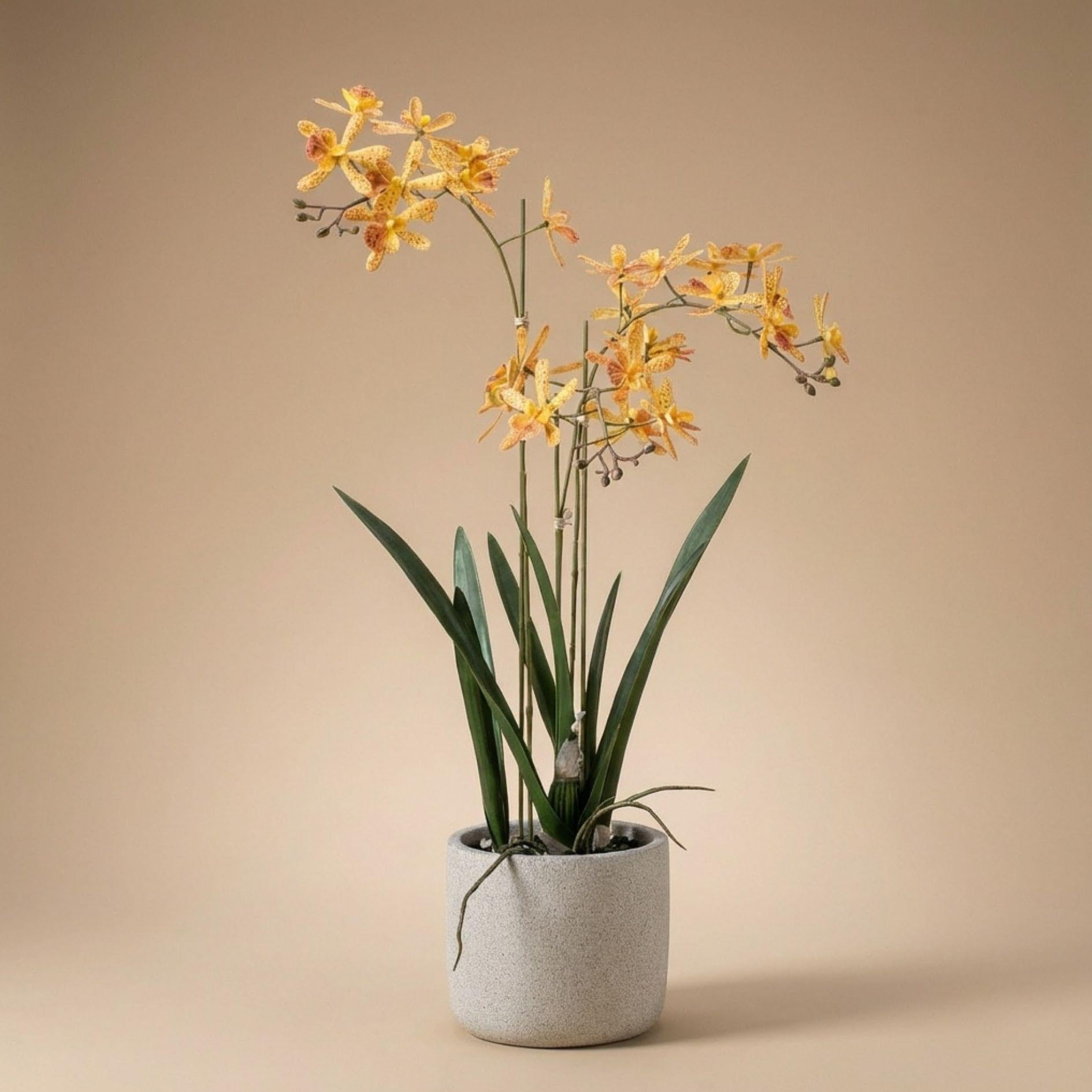 Renanthera sztuczna orchidea 56 cm w doniczce – żółta pomarańczowa roślina kwitnąca sztuczna roślina w szarej doniczce – realistyczna dekoracja storczyków, bez pielęgnacji, piękna przez cały rok