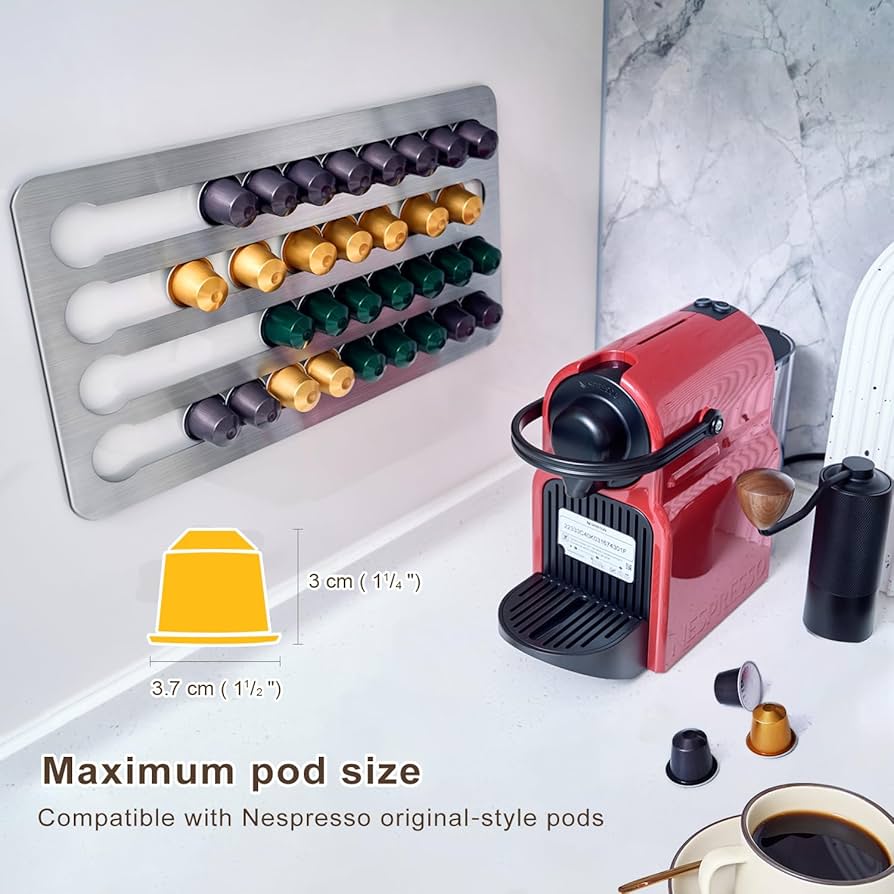 Nespresso Coffee Pods JuDongJu Coffee Pod Holder For Nespresso Original Line Pods - Stainless Steel Adhesive Wall-Mounted For 40 Capsules 16x8.6 - Space-Saving Kitchen Nespresso Vertuo Pod Holder