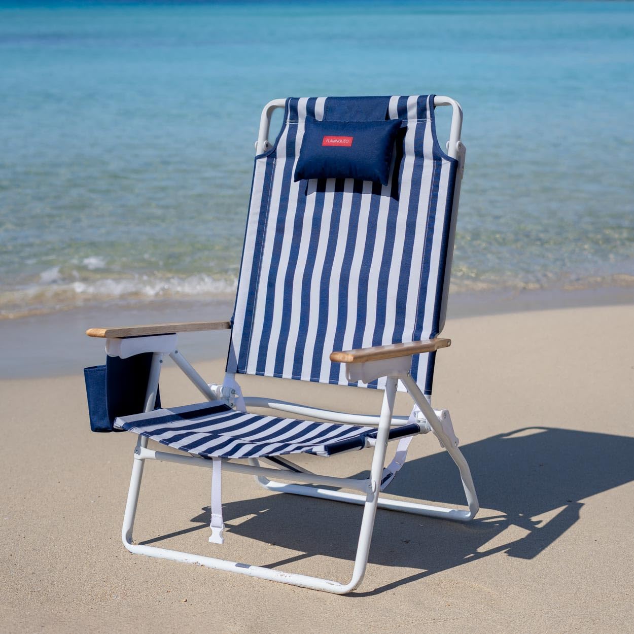 Flamingueo Sedia da Spiaggia Pieghevole - Reclinabile 5 Posizioni - Tasca Termica - Tasca per Cellulare - Maniglie Tipo Zaino - Cuscino Ergonomico - Alluminio e Poliestere - Blu Navy
