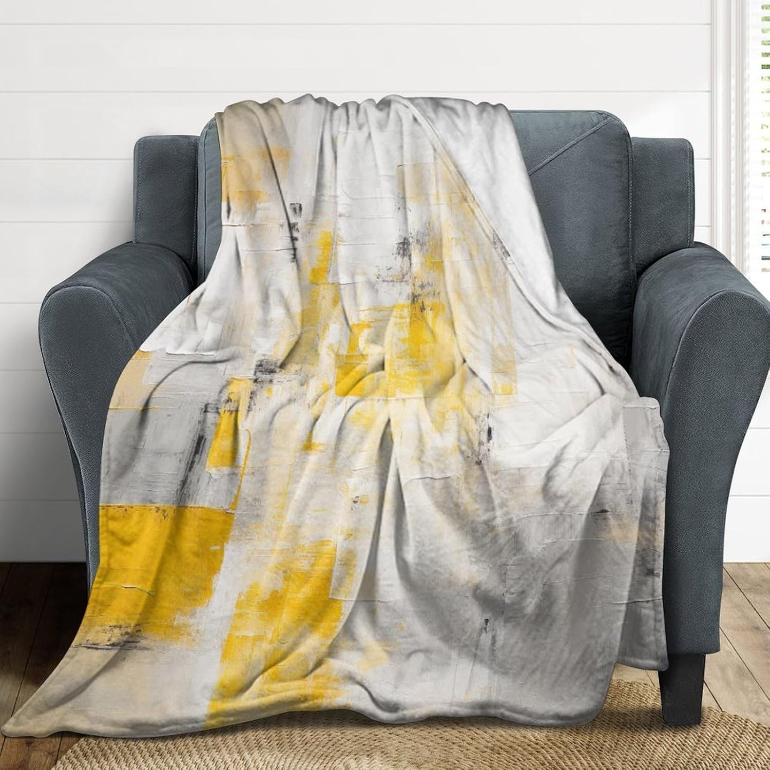 Abstract Painting in Yellow Gray Squares Throw Blanket for Bed Sofa Couch 40"x50" Yellow Black Grey Lightweight Throw Blanket for Women Men Luxury Flannel Blanket