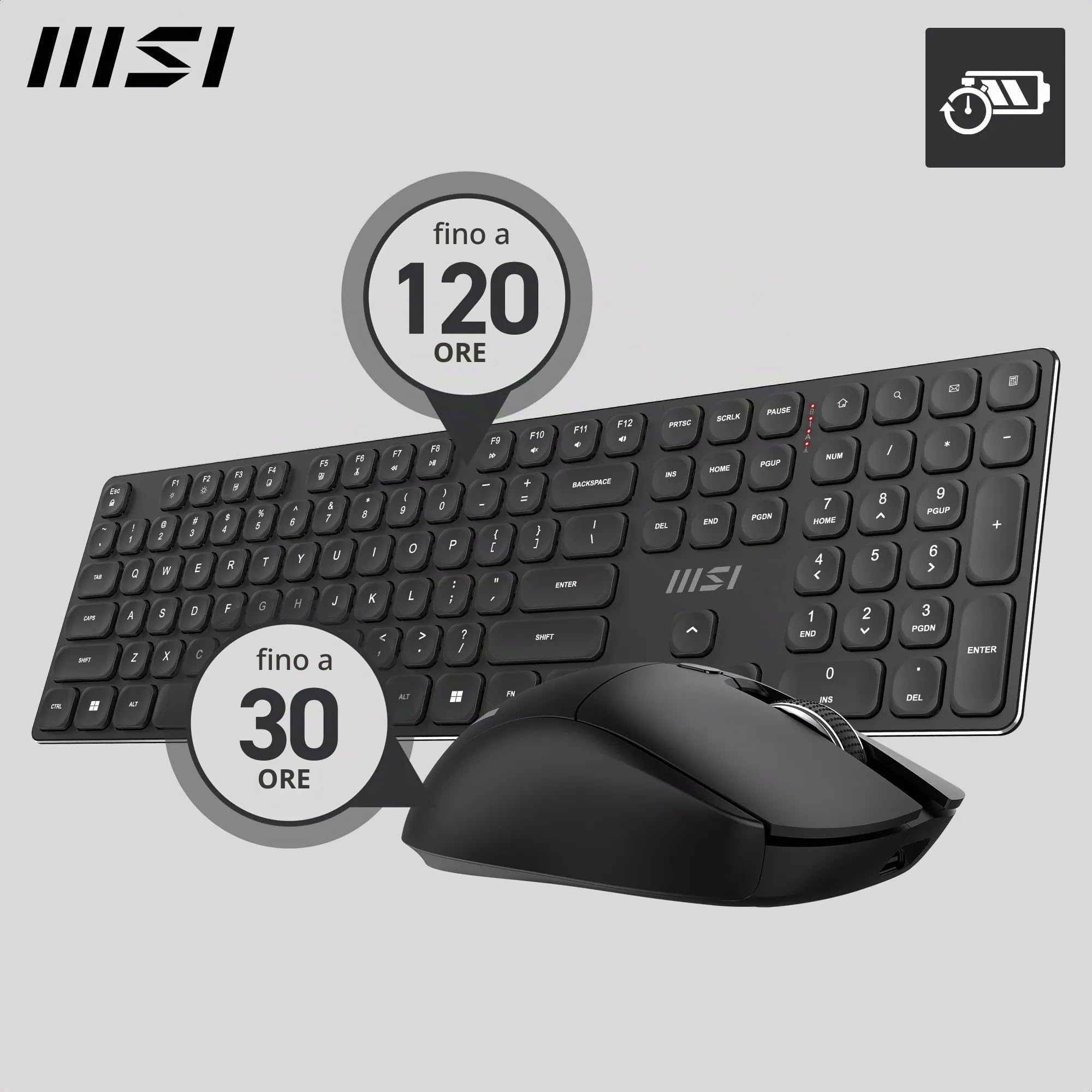 MSI FORGE K210 WIRELESS COMBO, QWERTY, IT Layout - Tastiera + Mouse Switch a forbice, Low-Profile, Wireless 2,4 GHz, Ricaricabile fino a 120 ore, USB 2.0, Mouse con sensore ottico 1600 DPI