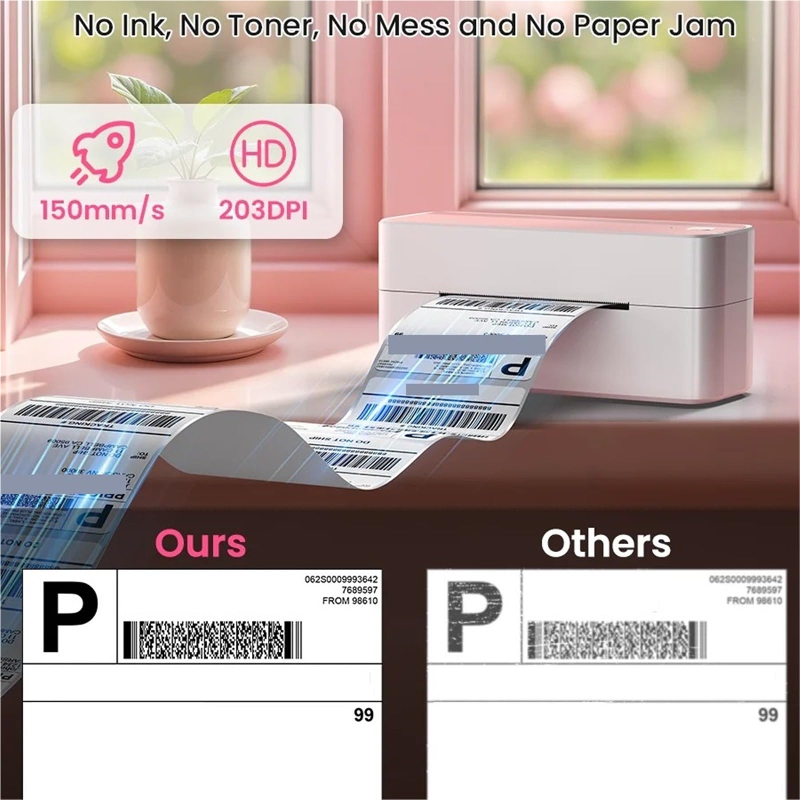 Imprimante d'étiquettes Thermique Bluetooth Imprimante d'étiquettes sans Fil for Petites Entreprises,pour l'étiquette de Date de Texte(Pink)