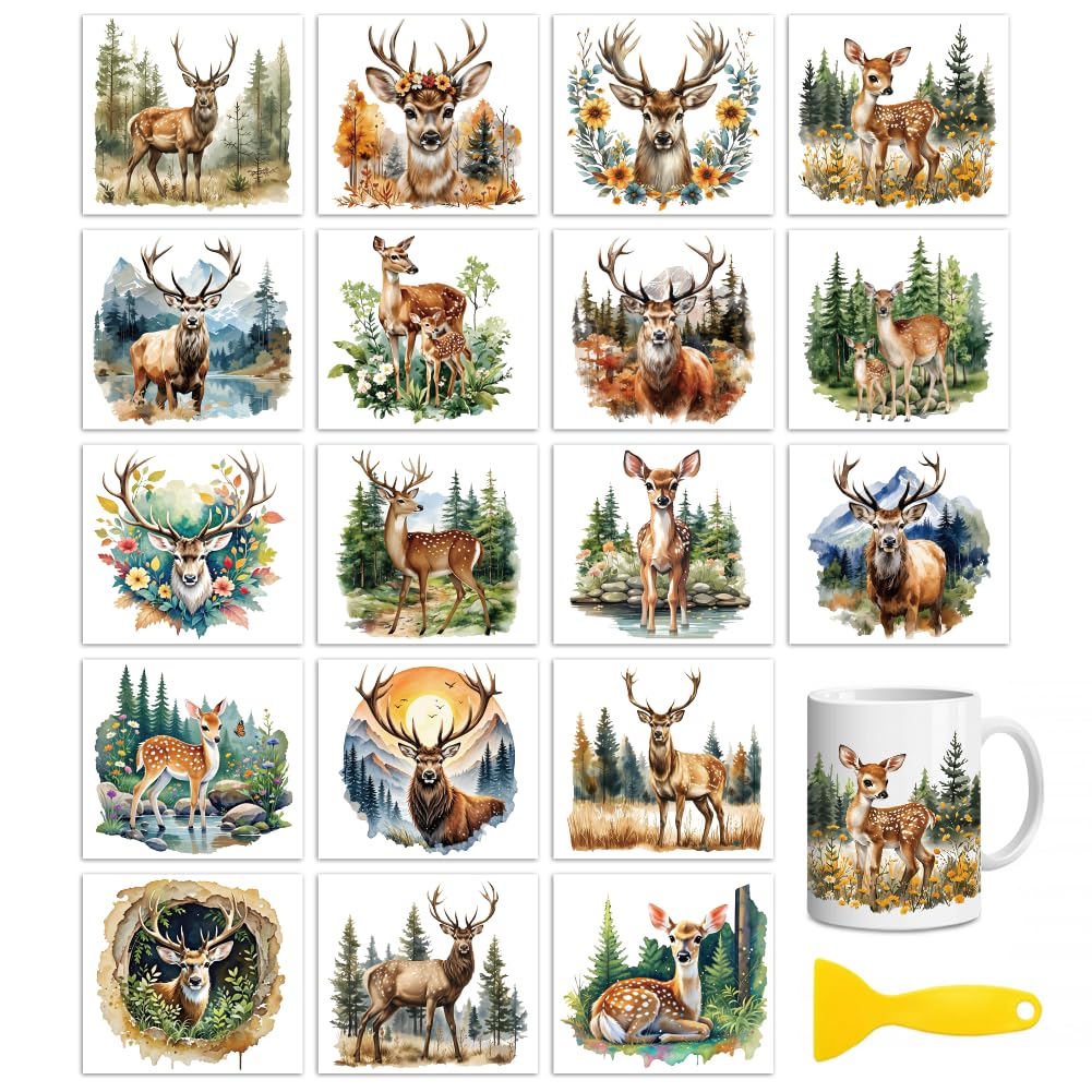 Peacoblue 18 Sheets Rub On Transfers for Crafts, Forest Deer UV DTF Cup Wrap Waterproof Cold Transfers Stickers for Wood Glass Home Decor 9×10CM
