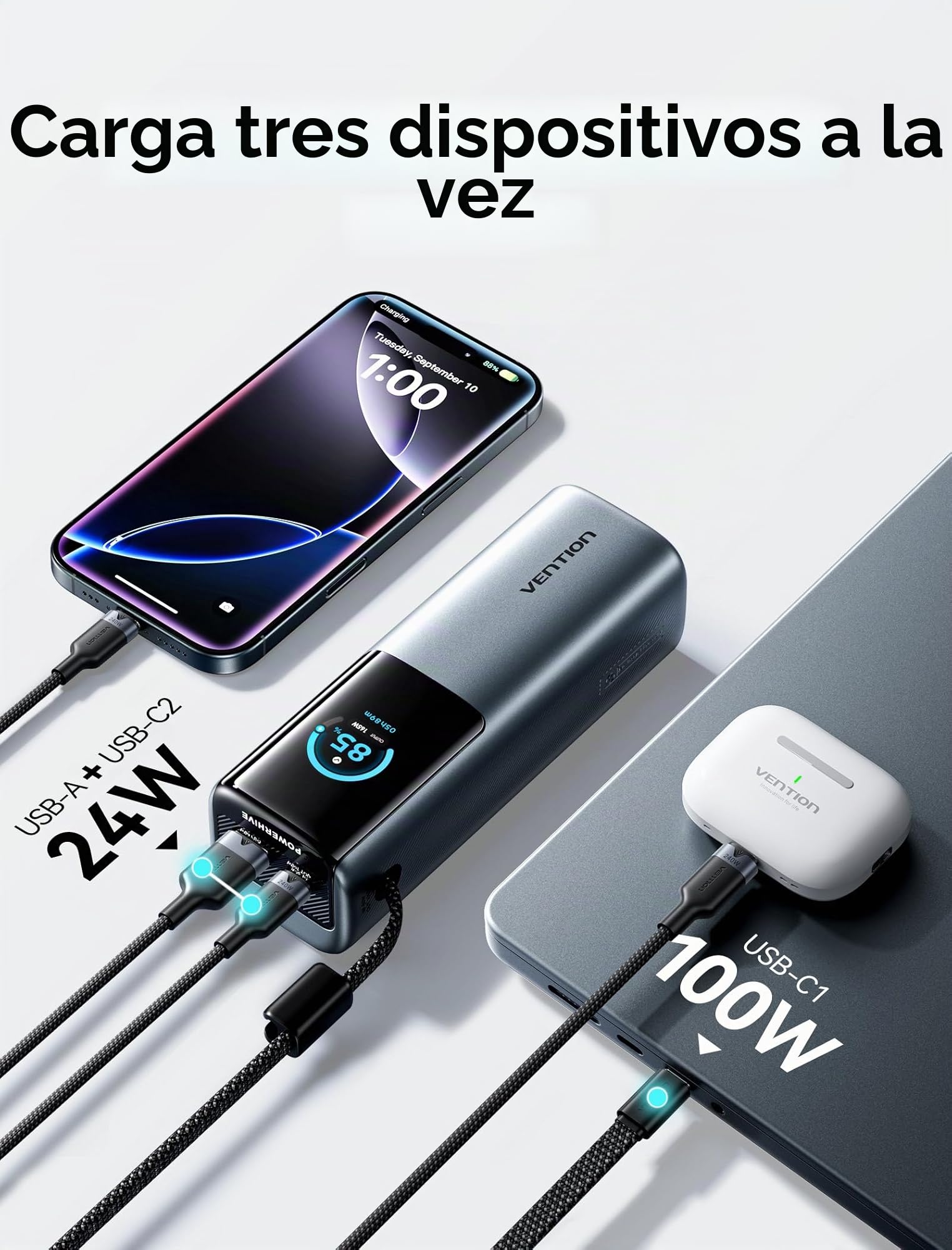 VENTION Power Bank 20000 mAh 165W, batería Externa Carga rápida con Pantalla Digital y animación Emoji, Cable USB-C Integrado, 2×100W USB-C + USB-A, para MacBook Pro, DELL/HP, iPhone 17/16/15, Galaxy