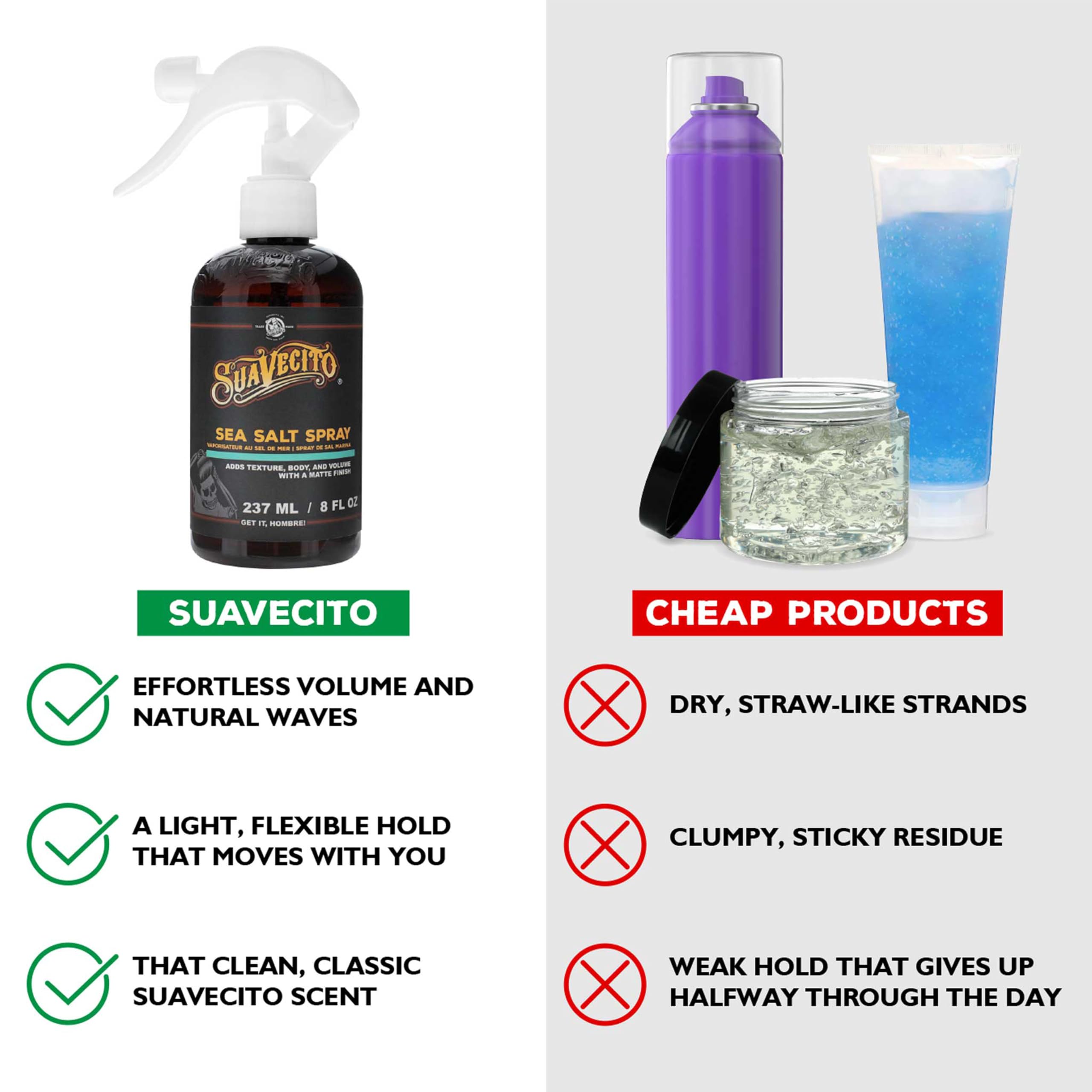 Suavecito Sea Salt Spray Texturizing Volumizing Hair Spray for Men 237ml | Adds Natural Beach Waves and Matte Finish. Lightweight Non Sticky Formula with Refreshing Scent. Volumizing Texture.