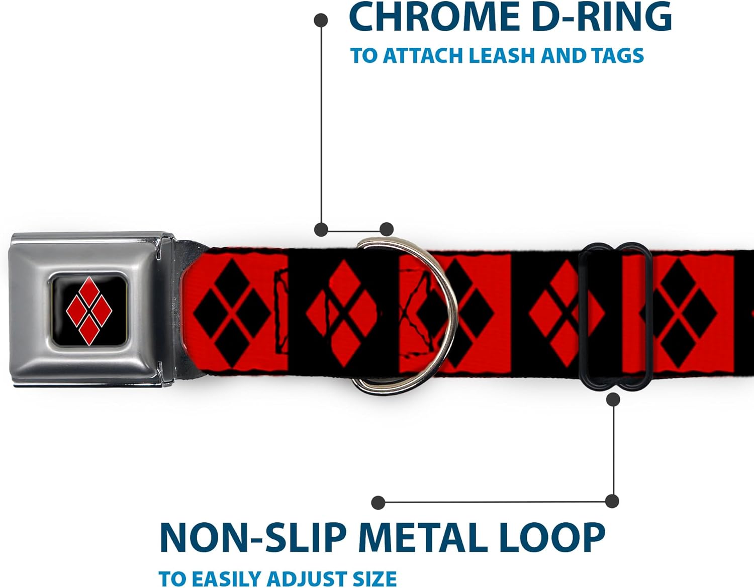 Dog Collar Seatbelt Buckle Harley Quinn Diamond Blocks Red Black Black Red 9 to 15 Inches 1.0 Inch Wide, Multicolor