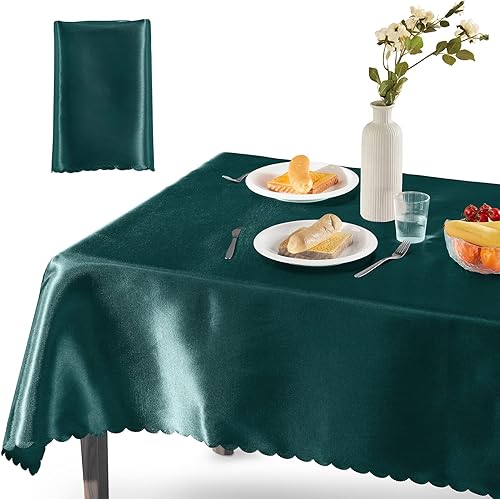 Homiest 1 paquete de mantel de satén de 60 x 102 pulgadas, color verde cazador, mantel superpuesto brillante, decoración de mesa rectangular sedosa,
