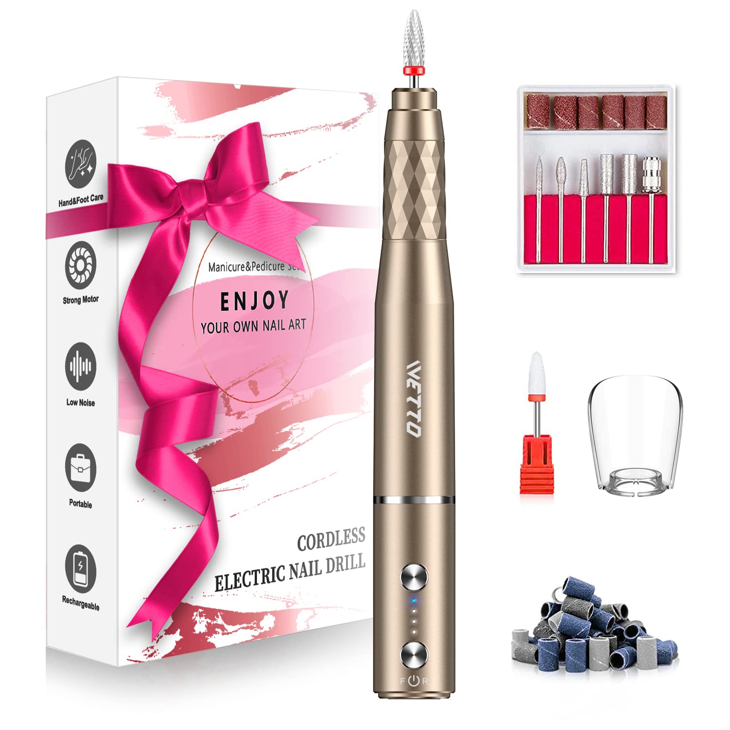 IVETTO Professional Electric Nail Drill, Cordless Nail Drill Machine with Ceramic Nail Bit for Acrylic, Gel Nails, Manicure Pedicure Polishing Shape Tools Design for Home Salon Use(Gold)