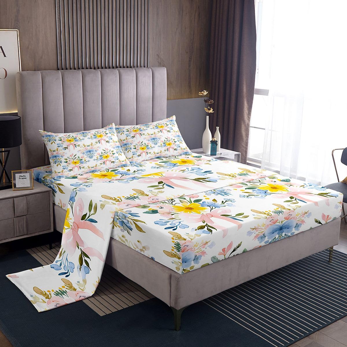 jejeloiu Bow Bed Sheets Set Full Size Floral Bed Set Cute Deep Pocket Fitted Sheet Princess Style Breathable Soft Lightweight Microfiber Pink Blue