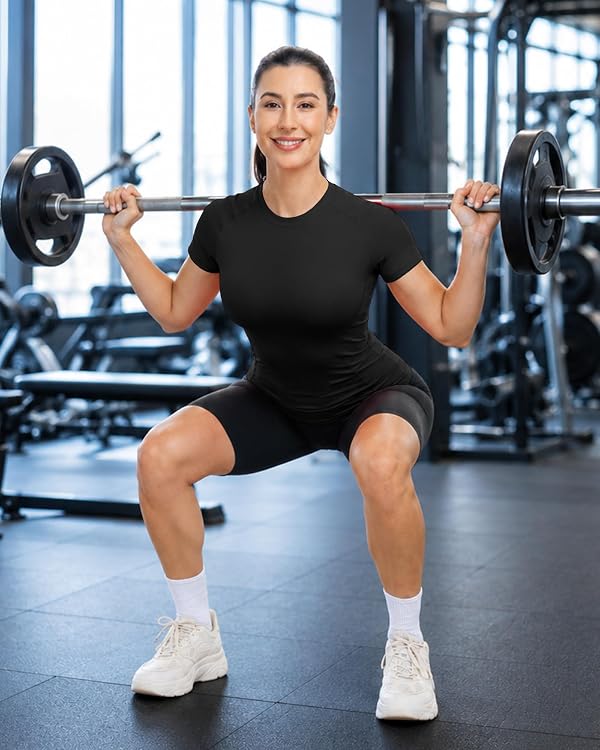 Moozava Compression Shirt Women Short Sleeve, Athletic Workout Top, Compression Tops for Women Moisture Wicking Gym Running Undershirt Black S by Moozava - Used condition - Image 3