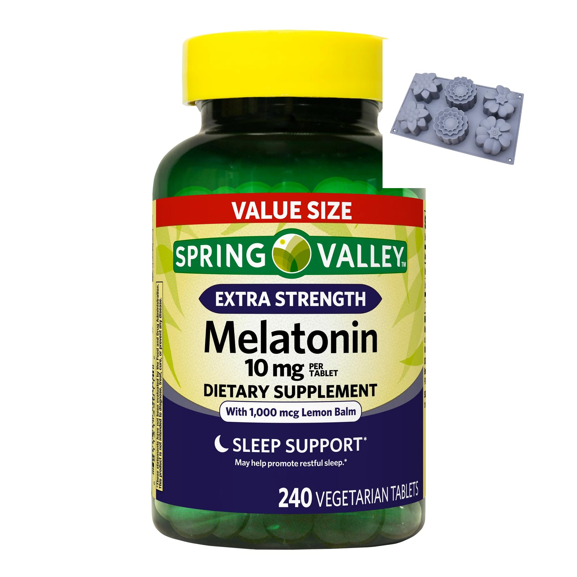 Spring Valley Extra Strength Melatonin Tablets Dietary Supplement Value Size, 10 mg, 240 Count + 1 Silicone Baking Mold (Style & Color Varies)