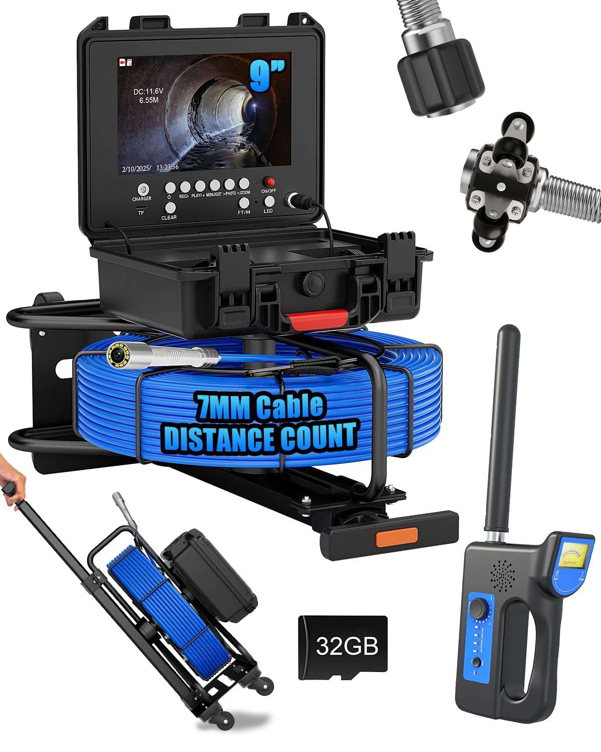 Camera Endoscopique Canalisation Auto-nivelante 9" avec Sonde 512Hz localisateur, Caméra De Canalisation 30m avec DVR 32 Go, Caméra d'Inspection Canalisation 1080P IP68, Zoom 5X, 12 LEDs