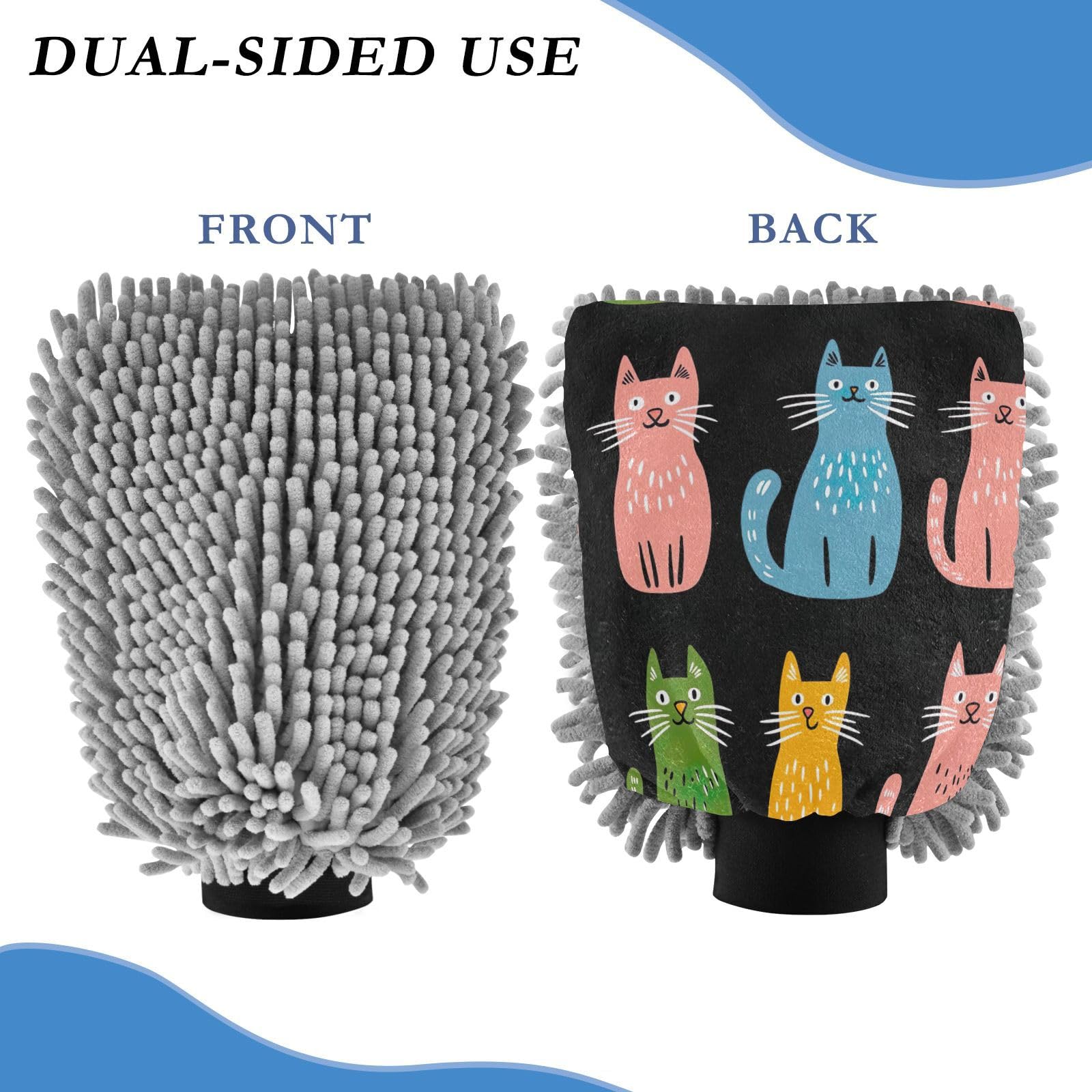 STAYTOP Cute Cartoon Cat Car Wash Mitt Microfiber, 2Pcs Scratch Free Lint-Free, Premium Chenille Microfiber Mitt Car Wash Brush-L