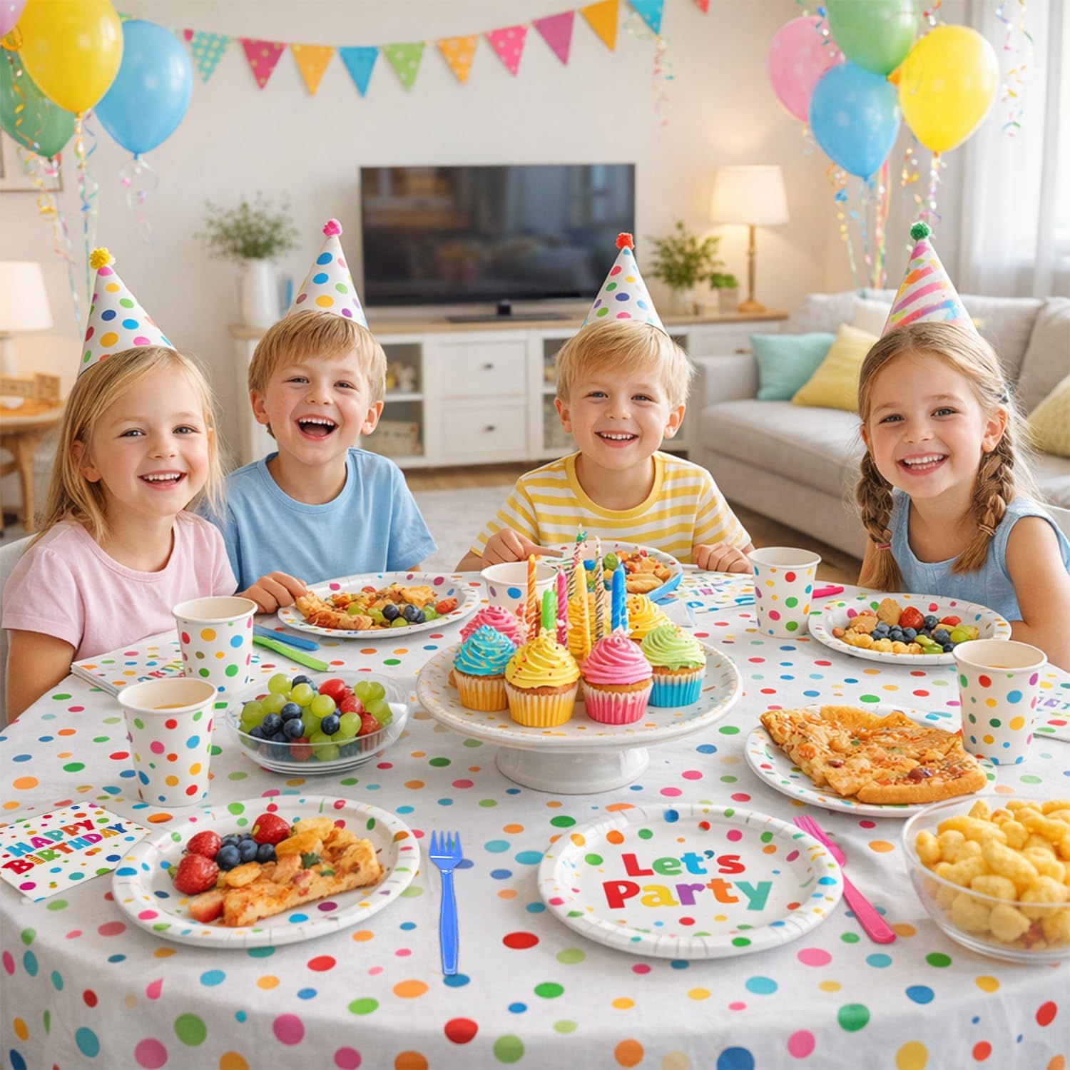 96 Pcs Happy Birthday Paper Plates Tableware Set (Serves 24), Birthday Dots Dots Design Supplies Set Include Plates Napkins Forks for Party - Image 6