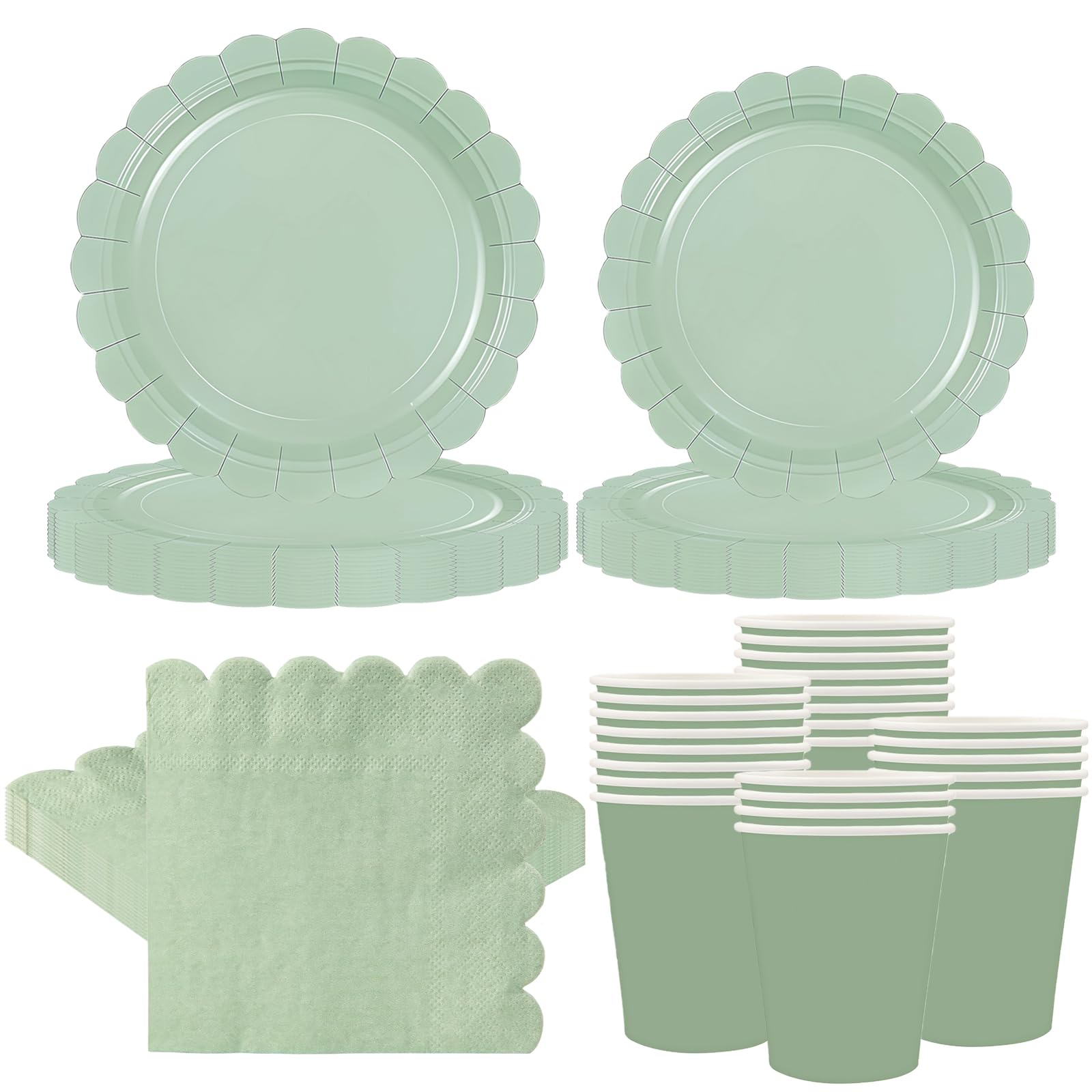 100 Pcs Sage Green Scalloped Party Tableware Set, Sage Green Paper Plates Cups and Napkins for 25 Guests, Birthday Baby Shower Wedding Garden Party Supplies — image 1