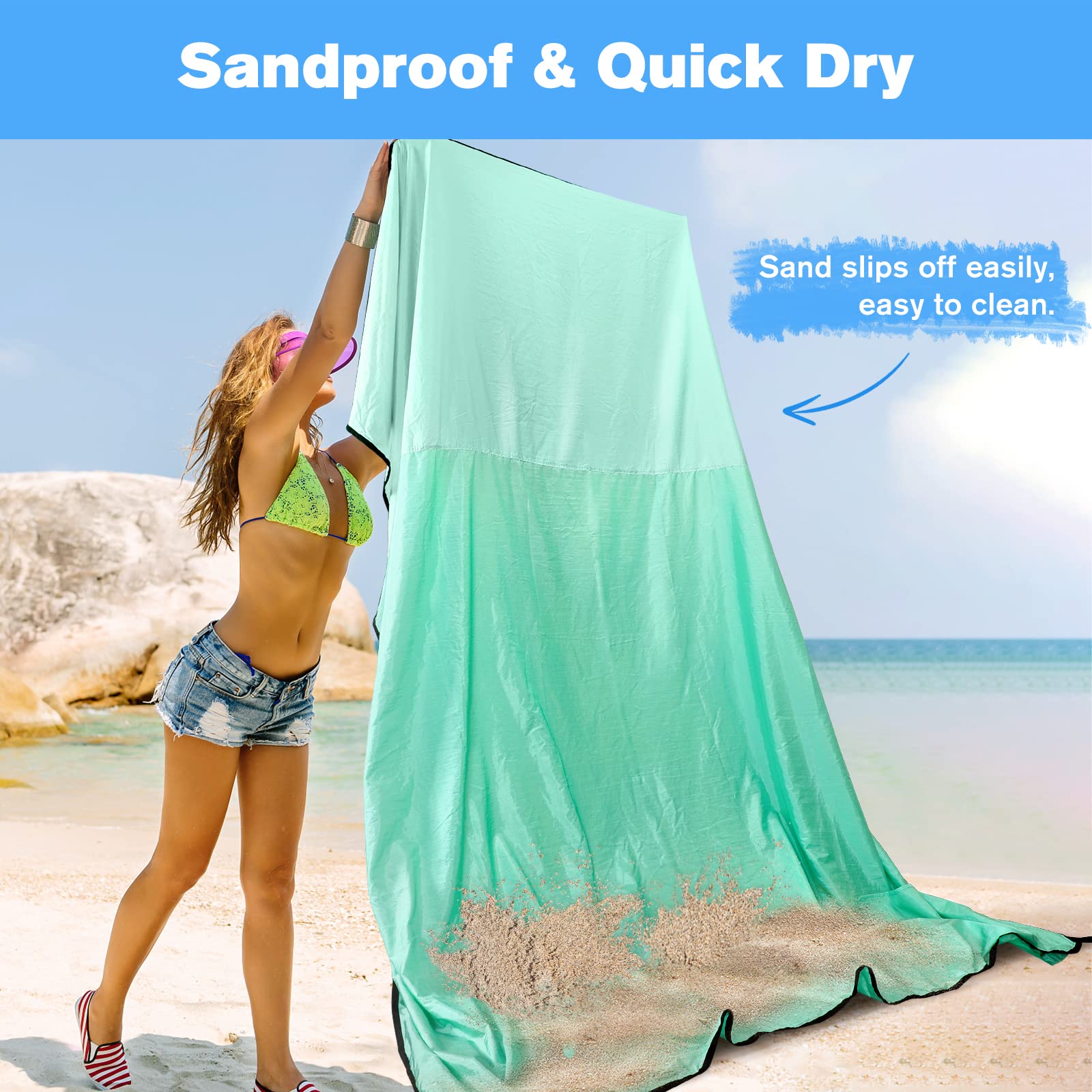 Stranddecke Sandfrei Super Groß 210x200 cm, Sanddicht Wasserdicht, Ultradünn Schnelltrocknend Tragbar Strandmatte, Leicht Weiches Bequemes Langlebiges Strandtuch, Grün