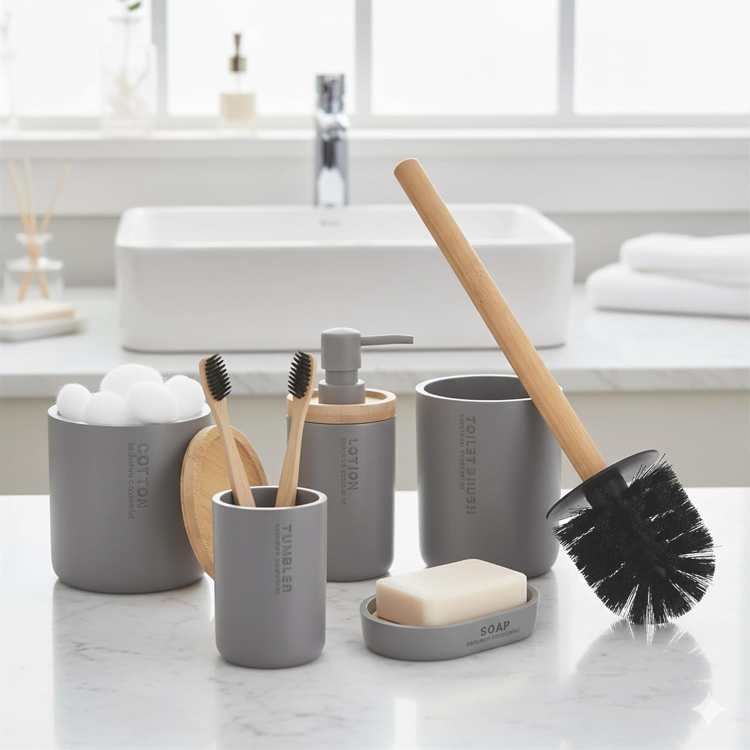 Contemporary Gray Bathroom Set with Bamboo Touch - 5 Pieces - Hand Soap Pump, Toothbrush Holder, Toilet Brush Cleaner, Cotton Pot and Soap Cup