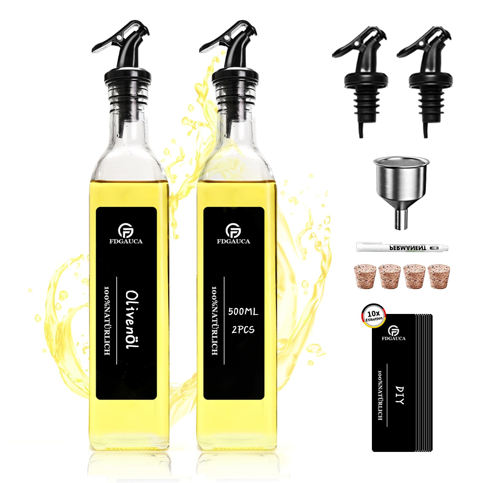 Oliere In Vetro 500ml - Set 2 Pezzi Con Beccucci Dosatori, Imbuto In Acciaio Ed Etichette, Per Olio E Aceto - Foto 7