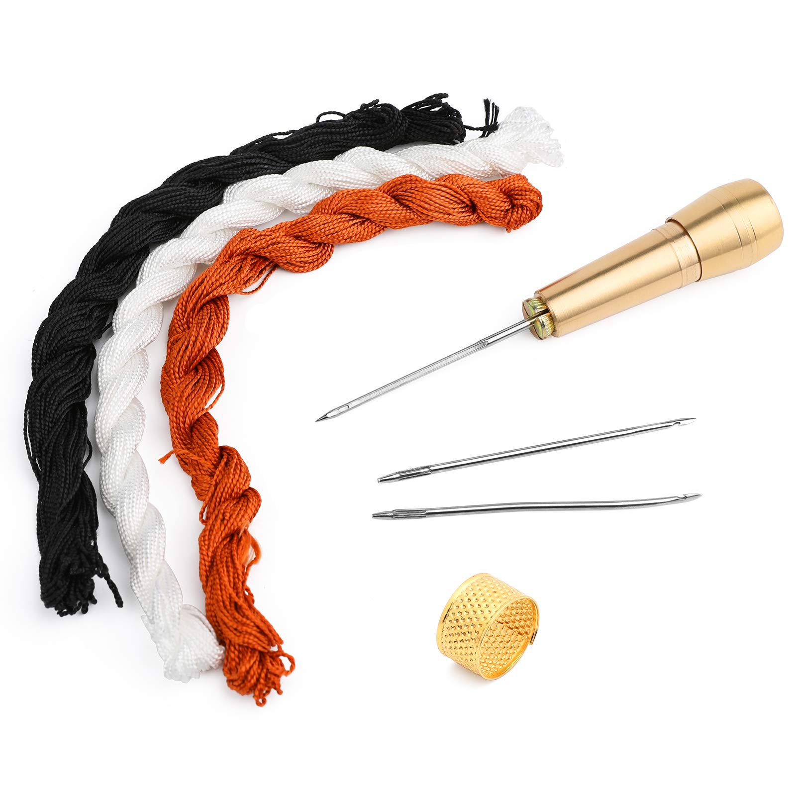 Copper Handle Sewing Awl with 3 Needles, Hand Stitcher Shoe Repair Tool with 3 PCS Nylon Cord Thread(19m/Roll) for DIY Sewing Canvas/LeatherCraft