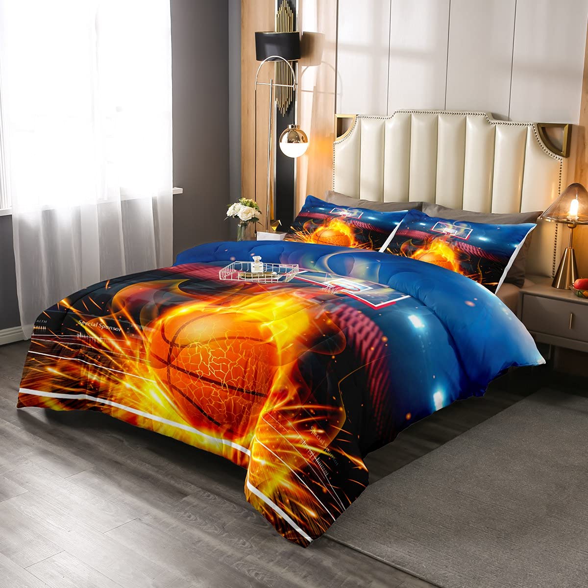 Feelyou Basketball Comforter Ball Court Comforter Set for Kids Boys Girls Sports Design Bedding Set Flame Burning Quilt Collection 2Pcs Twin Size Boys