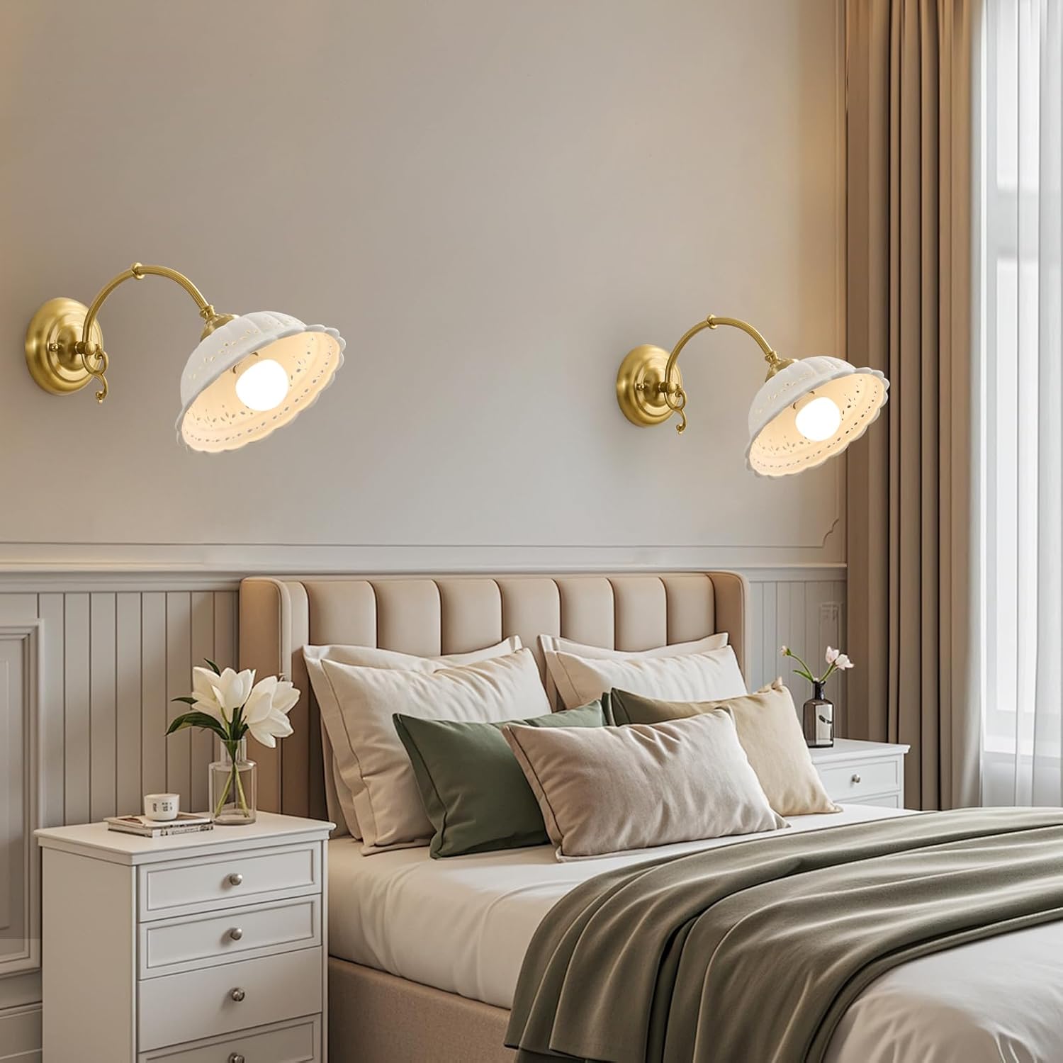 Vintage Gold Wall Sconce, Hardwired Bathroom Vanity Light with Ceramic Shade, Rustic Modern Sconce for Bedroom Bedside, Living Room Lighting Fixture​ (Ceramic-Flower)