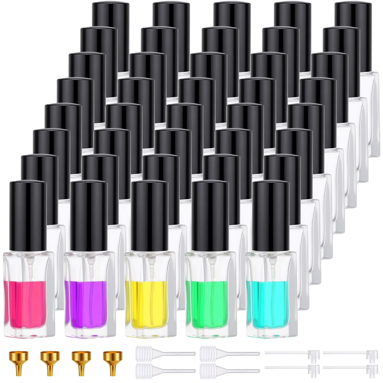 Segbeauty Glaszerstäuber für Parfüm, leere Mini-Reise-Parfümflasche, nachfüllbar mit schwarzer Kappe, 5 ml, kleiner feiner Nebel, Glas, Reise-Kölner-Zerstäuber für Herren, mit Dekanter-Set, 40 Stück
