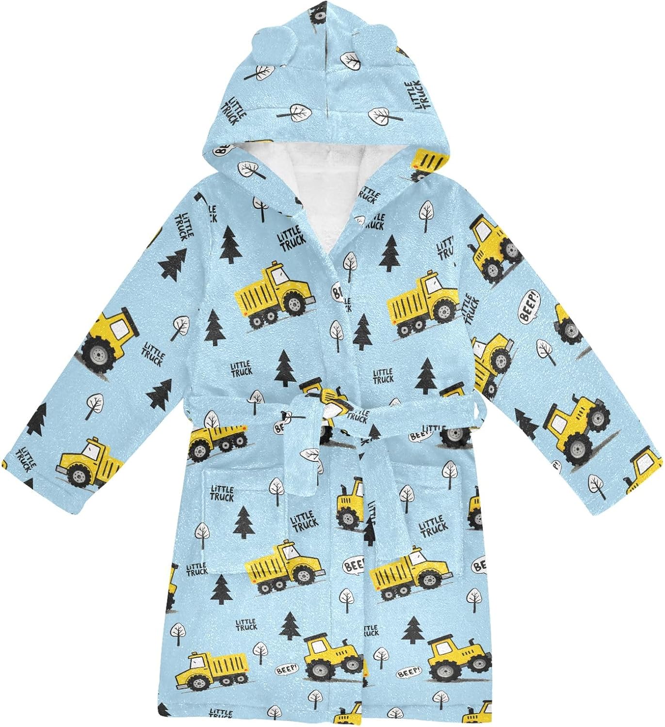 Cute Bluetruck Cartoon Pattern Toddler Hooded Bathrobe for Boys Girls Soft Plush Bath Towel Robe 2-12 Years