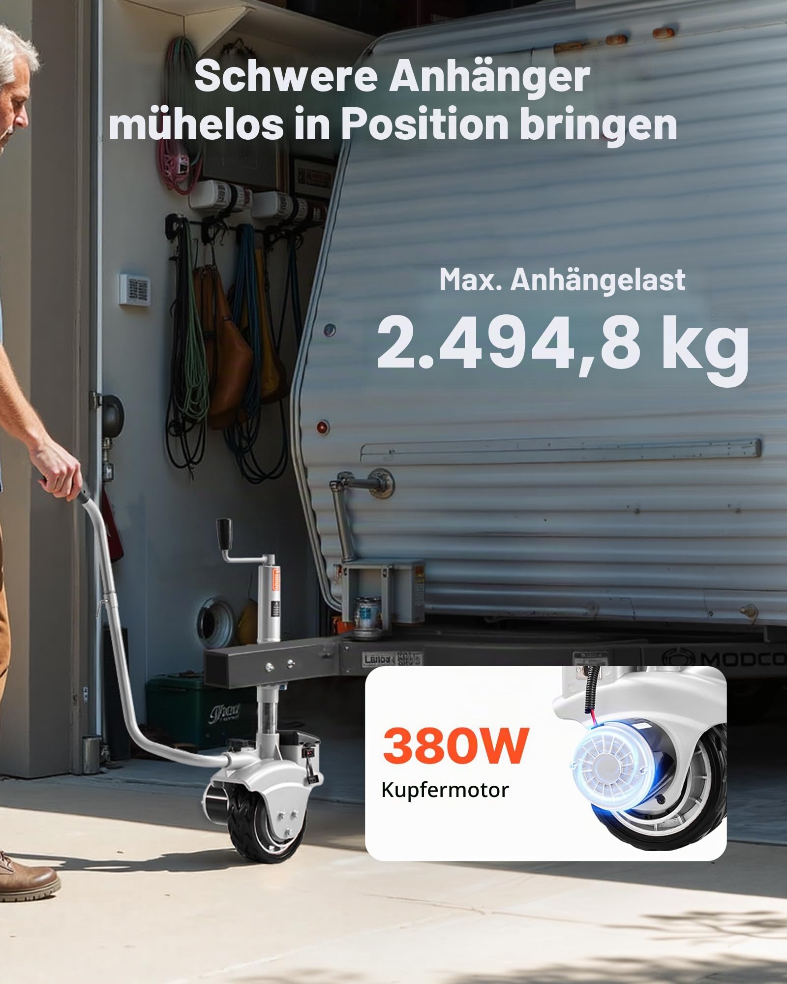 VEVOR Elektrische Rangierhilfe, 2,5 T Anhängelast, 380 W 12 V motorisiertes Stützrad mit 7 m/min Bewegungsgeschwindigkeit, einstellbare Klemmhöhe & Gummireifen, zum Bewegen von Wohnwagen & Booten