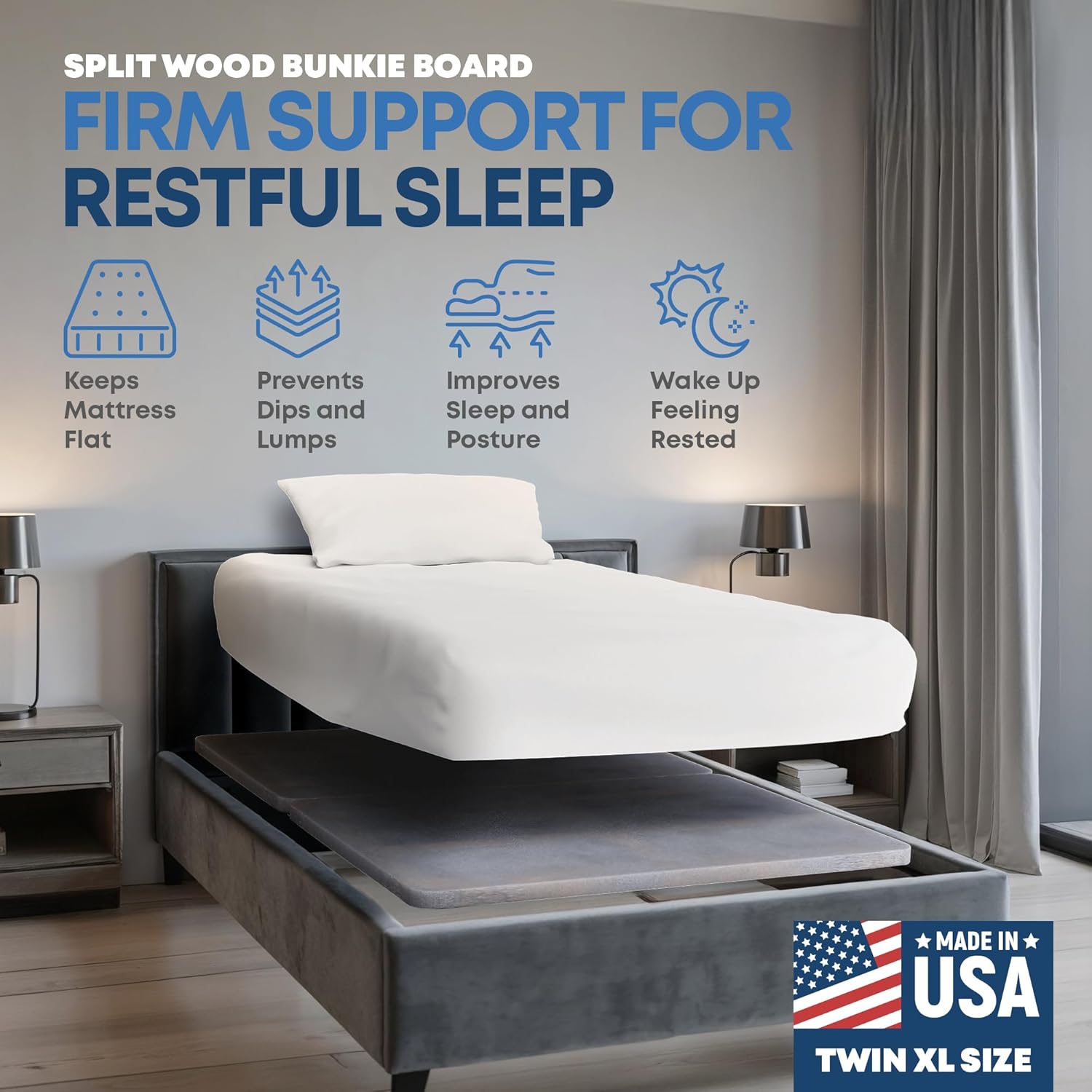 Greaton, Premium 38mm Split Wood Bunkie Board Twin XL Size Bed - 2-Piece Under Mattress Support Board, Fully Assembled, Fabric Ventilation Cover - Replaces Wooden Slats or Box Spring for Bed Frames