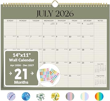 Forvencer Calendar 2026-2027, Jul 2026-Dec 2027, 21-Month, 14.7" x 11.5" | Large Monthly Planner Calendars with Notes Section & Cute Stickers, Ruled Block, Spiral Binding Hanging for Home Office