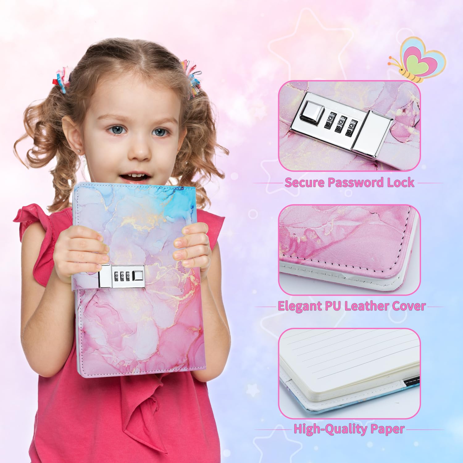 Diario Segreto con Lucchetto Ragazza, Set Diario con Serratura Bambina, Taccuino Segreto con Password, Quaderno con Serratura e Penna, Regalo di Compleanno Cancelleria per Ragazze 6-15 Anni